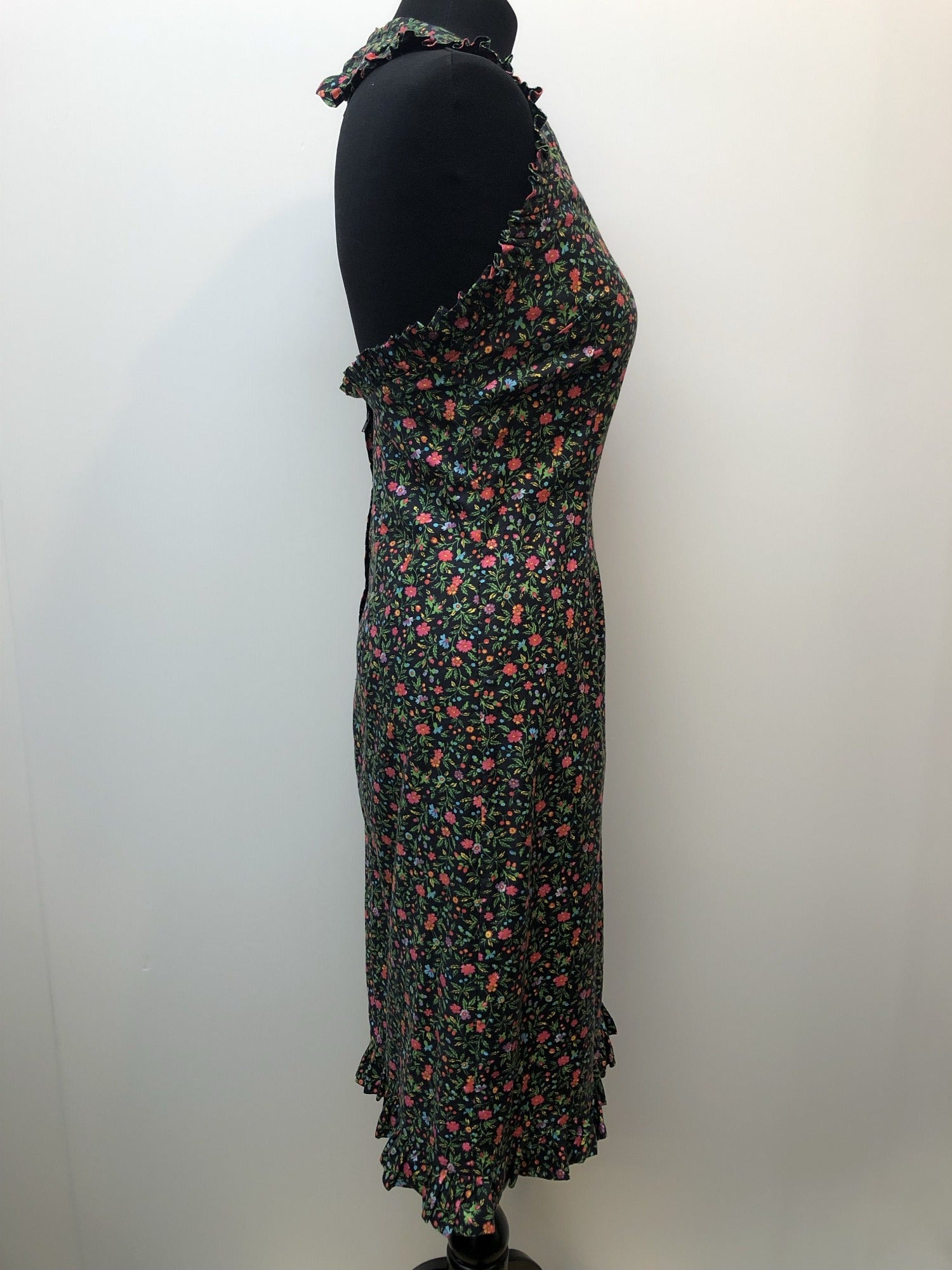 womens  vintage  Urban Village Vintage  urban village  summer dress  summer  Sportaville  NOS  New old stock  multi  midi dress  halter dress  frill trim  floral dress  dress  deadstock  black  8  70s
