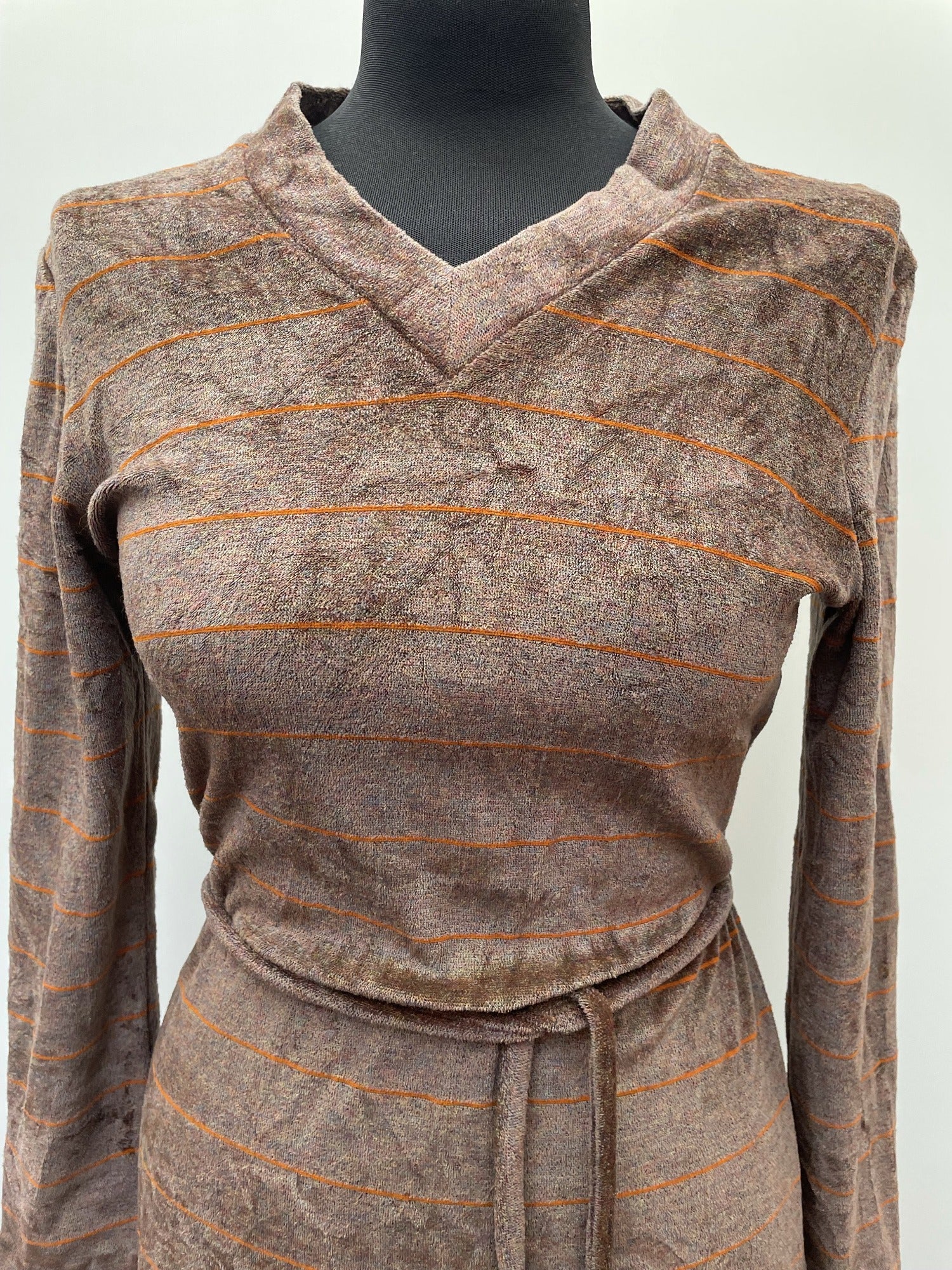 womens  waist belt  vintage  valour  v neck  Urban Village Vintage  urban village  stripey  Stripes  striped dress  striped  orange  midi dress  midi  long sleeves  long sleeved  long sleeve  dress  brown  belted dress  70s  1970s  12