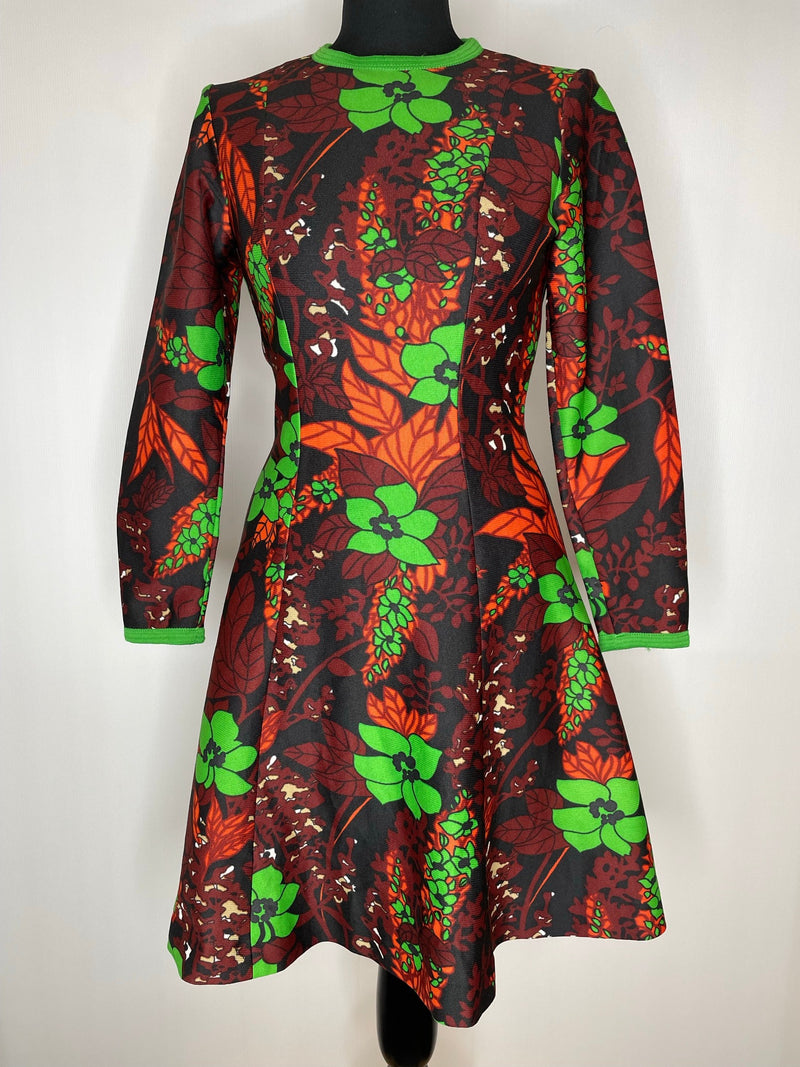 zip back  womens  vintage  Urban Village Vintage  short dress  scooter dress  scooter  psychedelic  psych  modette  MOD  mini dress  micro mini  long sleeved  long sleeve  flower power  floral  fit flare  dress  dolly dress  dolly  daisy  brown  a line  8  60s  6-8  6  1960s