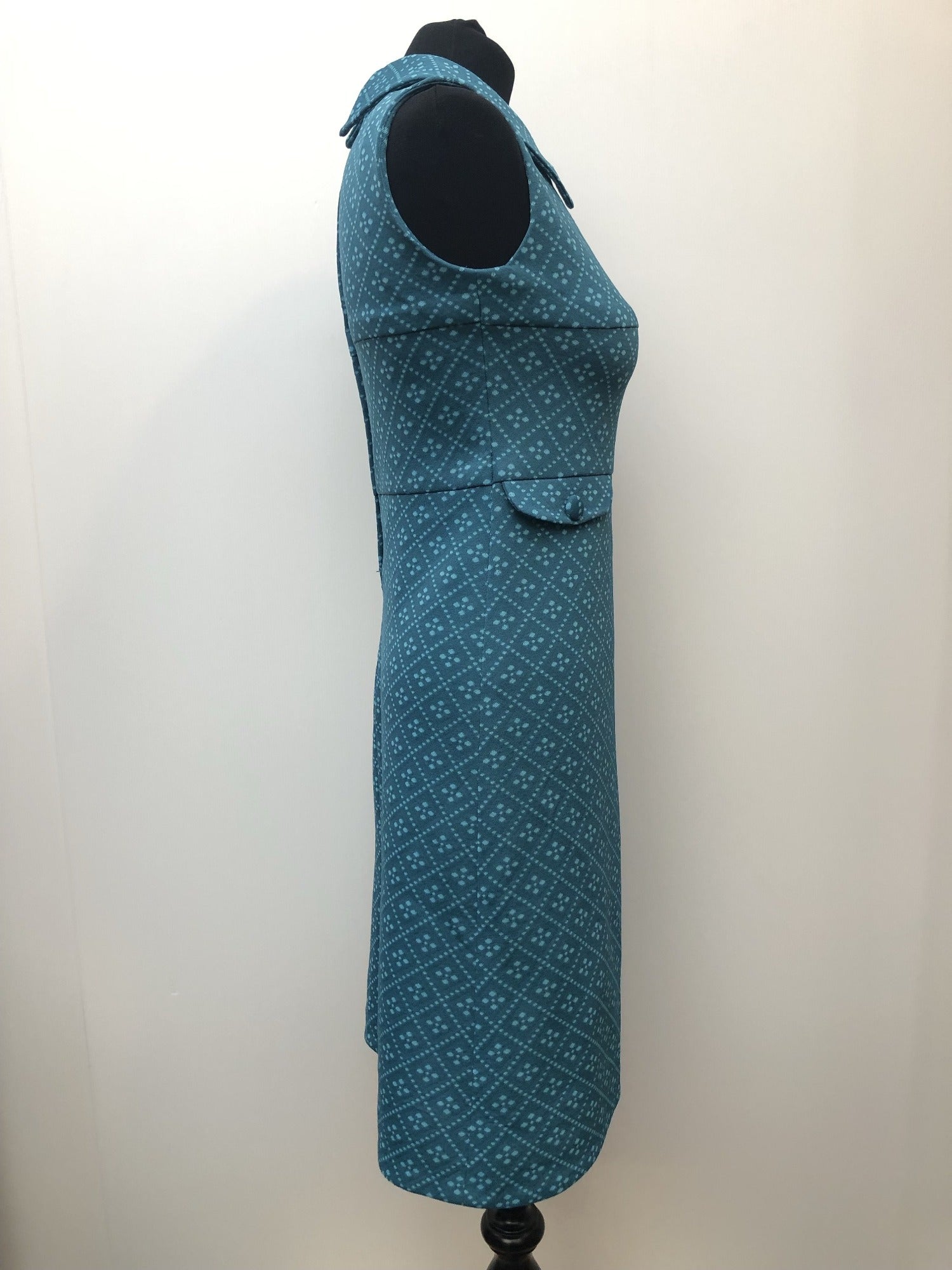 womens  vintage  Urban Village Vintage  sleevless  retro  pockets  pencil dress  patterned  MOD  dress  blue  back zip  8  60s  1960s