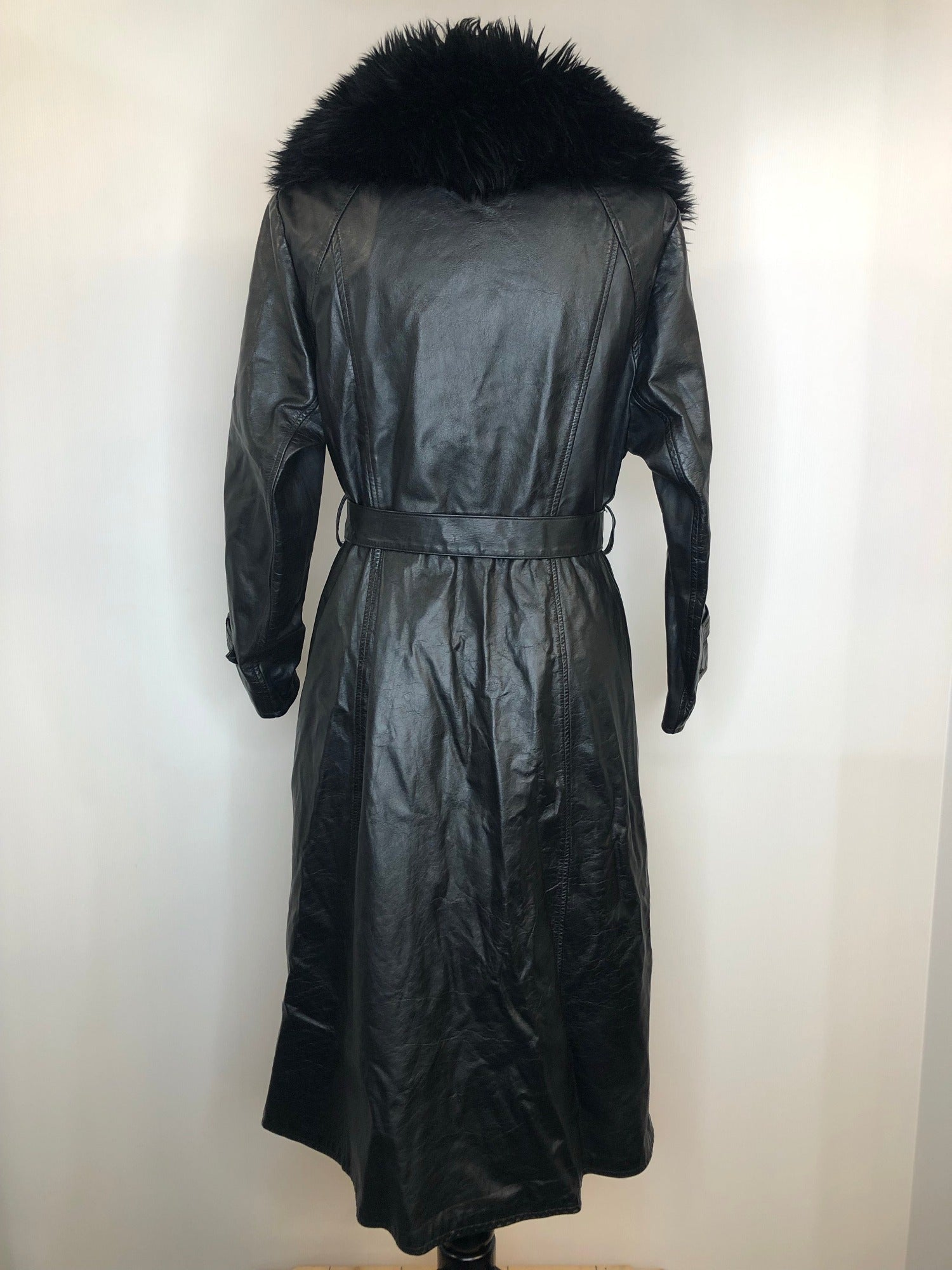 womens jacket  womens coat  womens  waist belt  vintage  Urban Village Vintage  urban village  trench coat  pockets  pleat back  long length  Leather Jacket  Leather  Jacket  button  black  Belted waist  belted jacket  belt  70s  70  1970s  12