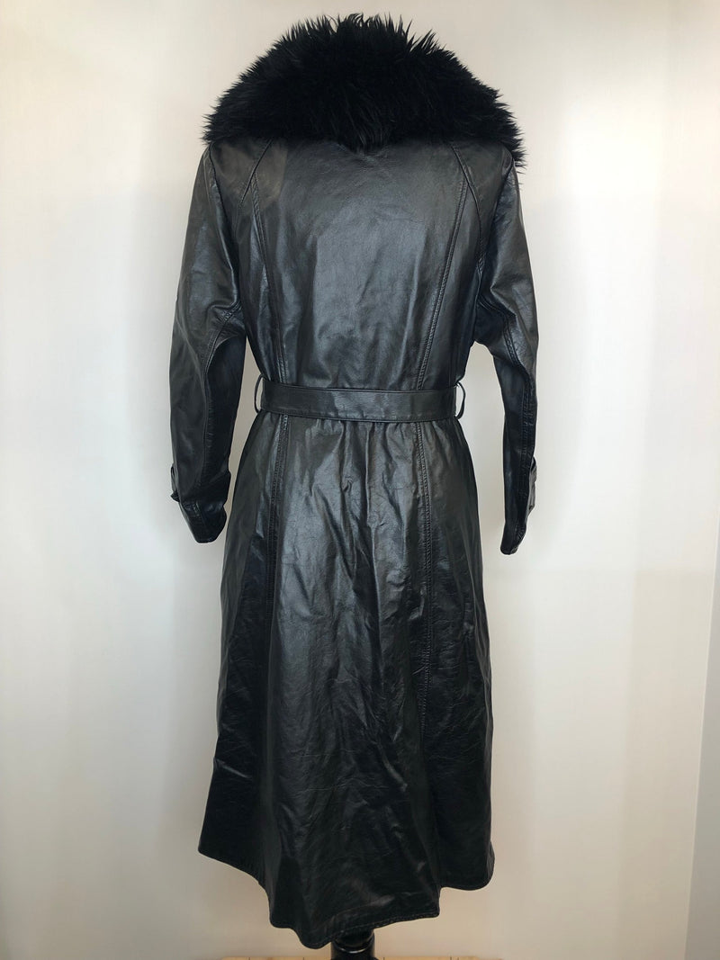 womens jacket  womens coat  womens  waist belt  vintage  Urban Village Vintage  urban village  trench coat  pockets  pleat back  long length  Leather Jacket  Leather  Jacket  button  black  Belted waist  belted jacket  belt  70s  70  1970s  12