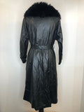 womens jacket  womens coat  womens  waist belt  vintage  Urban Village Vintage  urban village  trench coat  pockets  pleat back  long length  Leather Jacket  Leather  Jacket  button  black  Belted waist  belted jacket  belt  70s  70  1970s  12