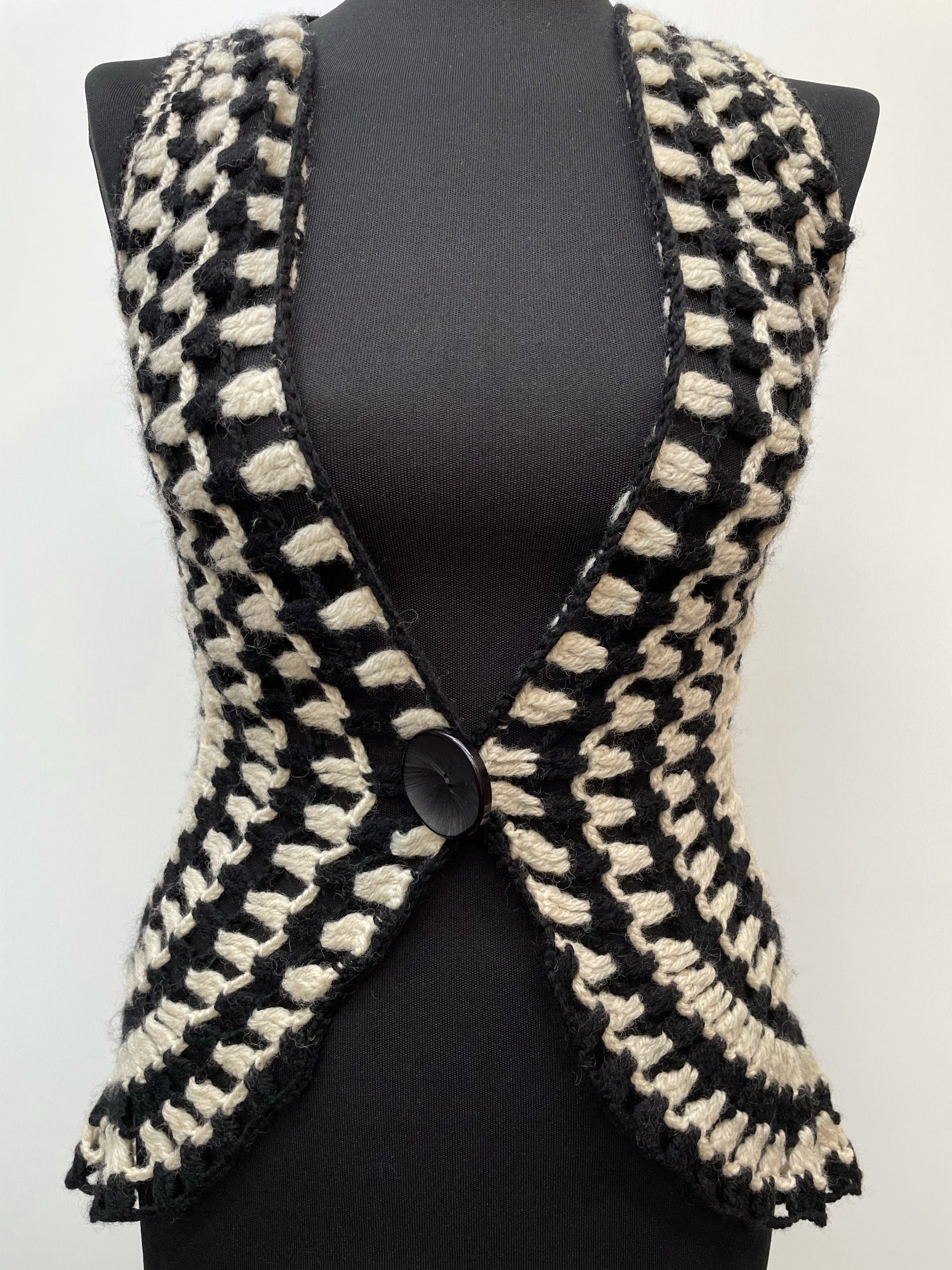 woodstock  womens  white  waistcoat  vintage  Urban Village Vintage  urban village  sleevless  retro  psychedelic  psych  One Size  Jacket  hippy  hippie  handmade  decorative buttons  crochet  button  boho  black  70s  1970s  12