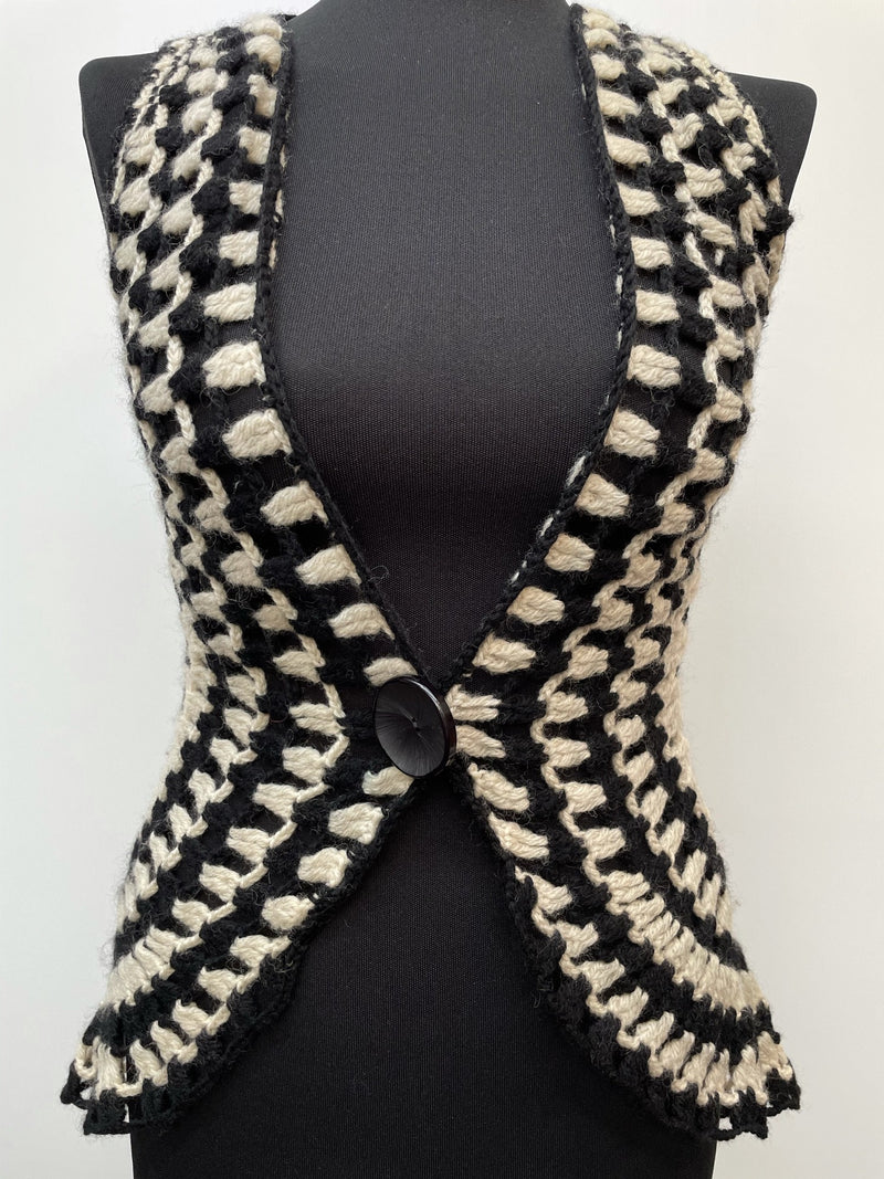 woodstock  womens  white  waistcoat  vintage  Urban Village Vintage  urban village  sleevless  retro  psychedelic  psych  One Size  Jacket  hippy  hippie  handmade  decorative buttons  crochet  button  boho  black  70s  1970s  12