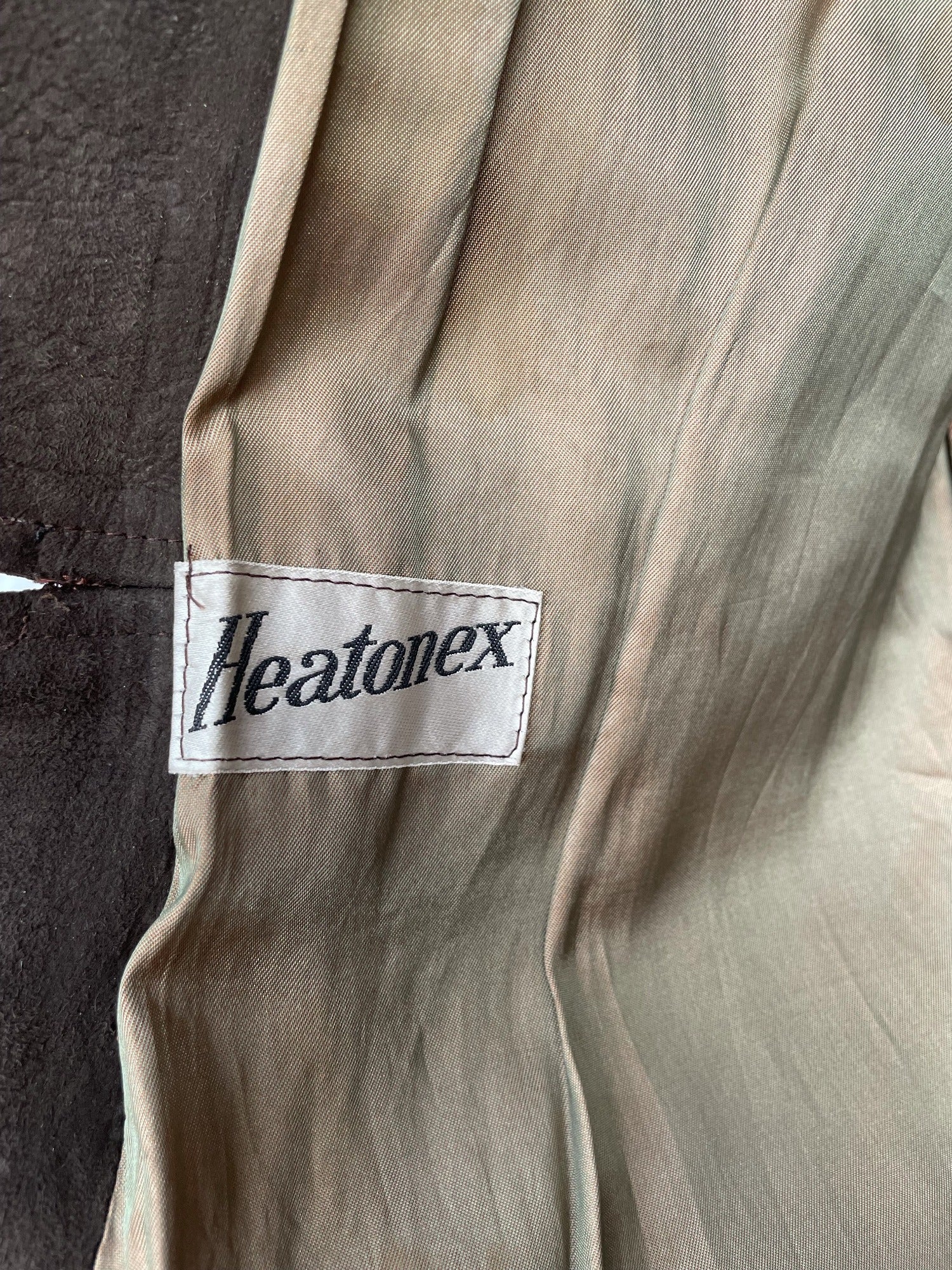 womens coat  womens  vintage  Suede Jacket  Suede  silk  retro  long sleeve  long length coat  lining  heatonex  dress  coat  button down  button  brown  70s  1970s  16