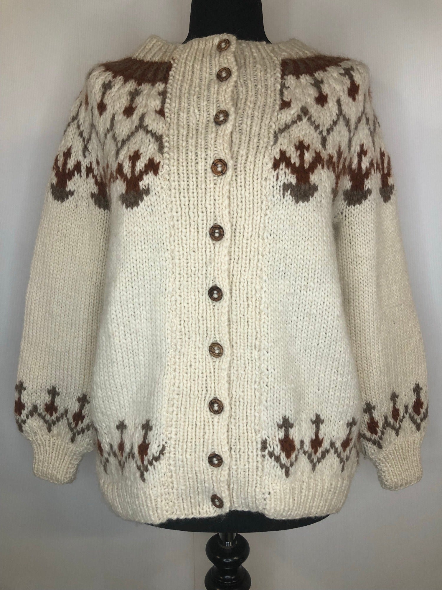 Wool Blend  wool  womens  vintage  Urban Village Vintage  urban village  round neck  patterned  pattern  long sleeves  Long sleeved top  long sleeve  knitwear  knitted  knit  Jacket  fairisle  cream  button down  brown  60s  1960s  12