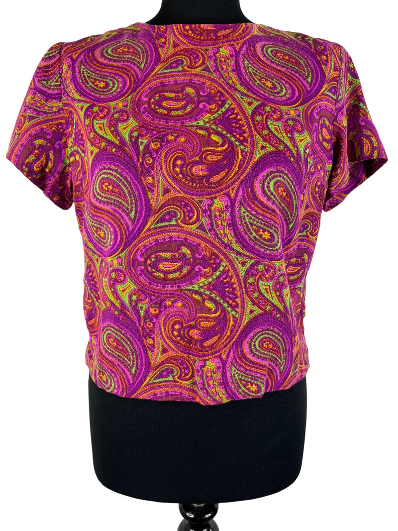 zero waste  womens  vintage  Urban Village Vintage  UK  top  thrifted  thrift  sustainable  style  store  slow fashion  short length  shop  shirt  second hand  save the planet  round neckline  reuse  recycled  recycle  recycable  purple  psychdelic  psych  preloved  Paisley Print  paisley  online  MOD  ladies  hippie  fashion  ethical  Eco friendly  Eco  concious fashion  clothing  clothes  button back  blouse  Birmingham  60s  1960s  14