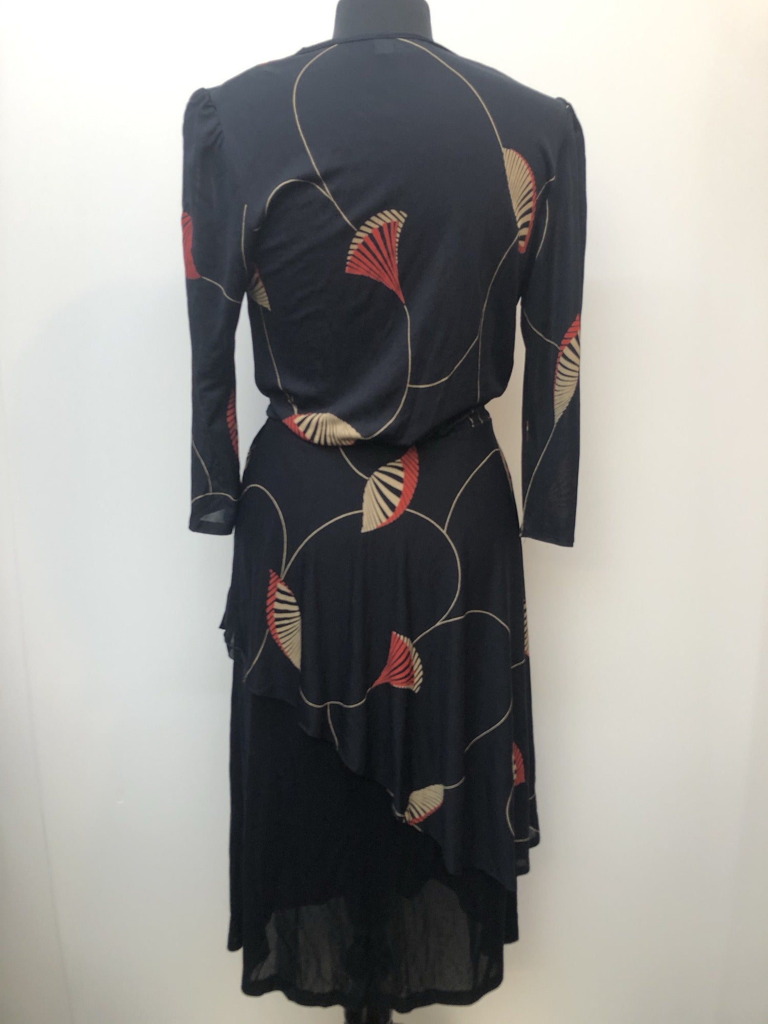 wrap front  womens  waist belt  vintage  Urban Village Vintage  red  midi dress  midi  long sleeve  dress  Bille Paris  belted dress  80s  70s  1980s  1970s