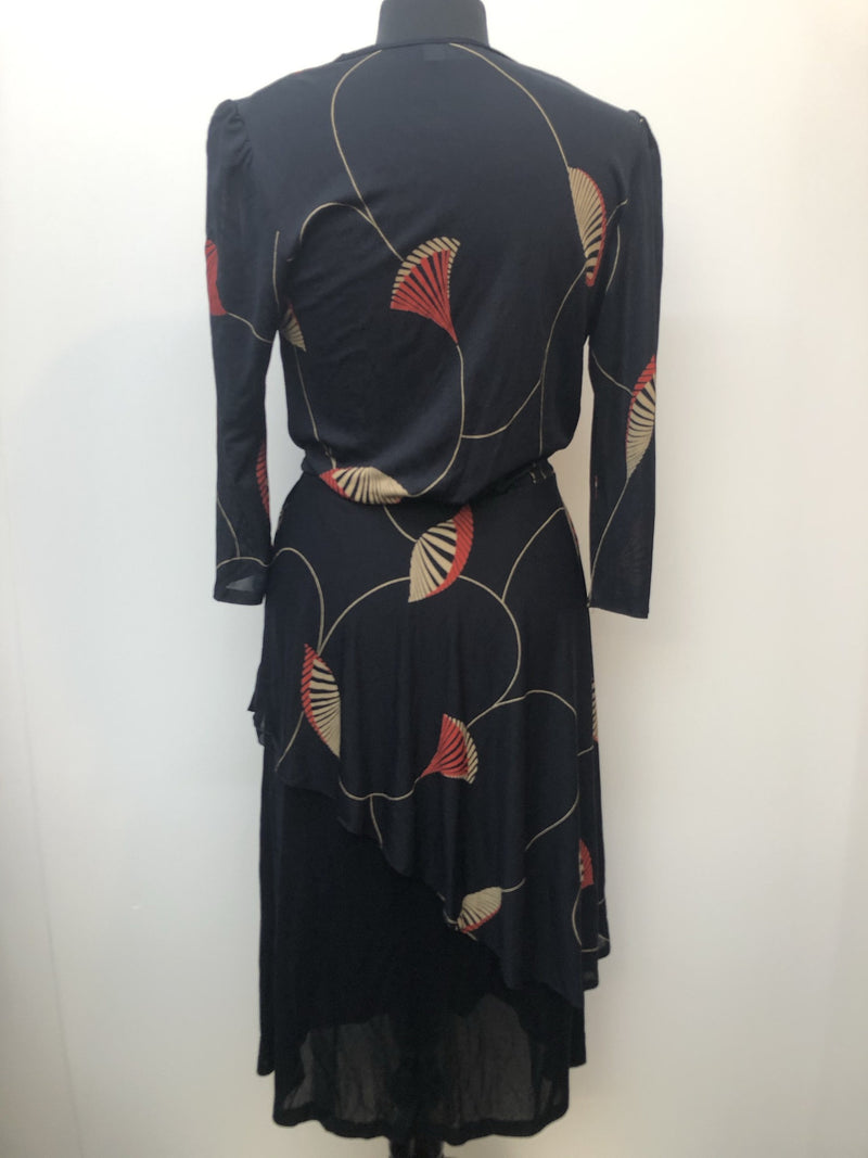 wrap front  womens  waist belt  vintage  Urban Village Vintage  red  midi dress  midi  long sleeve  dress  Bille Paris  belted dress  80s  70s  1980s  1970s