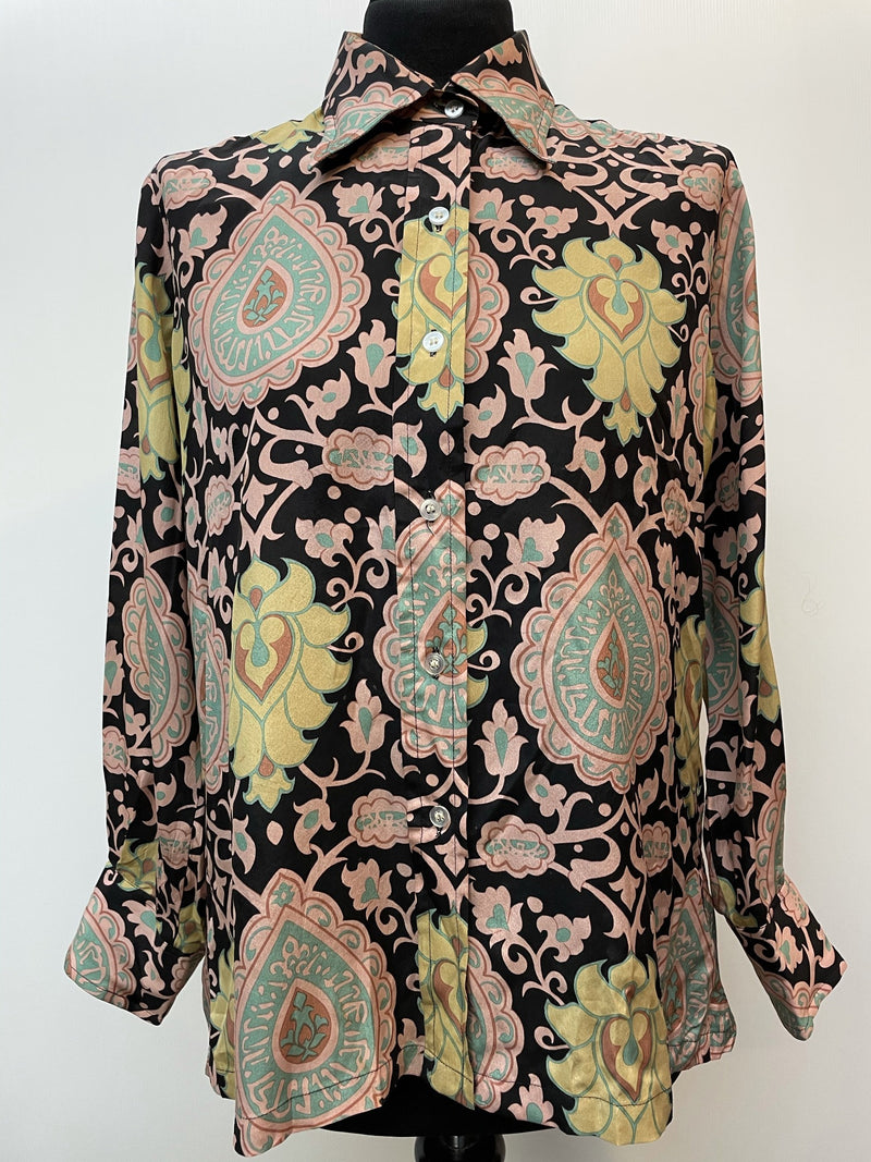 womens shirt  womens  vintage  Urban Village Vintage  urban village  shirt dress  Shirt  sheer  retro  Paisley Print  paisley inspired  paisley  MOD  floral shirt  floral print  floral  evening blouse  dagger collar  dagger  button down  button  blouse  70s  60s  1970s  1960s