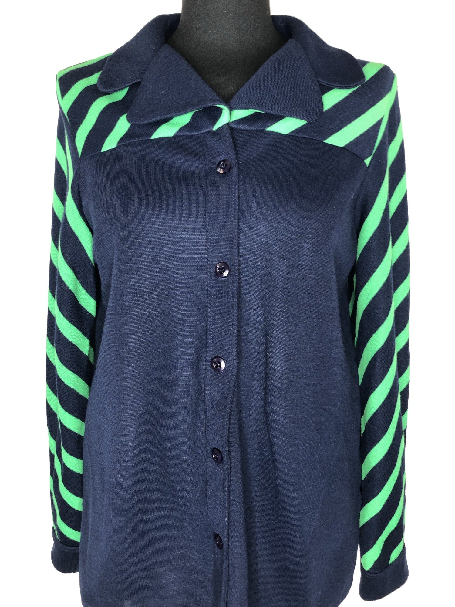 womens  vintage  Urban Village Vintage  urban village  Stripes  shirt  round collar  long sleeve  Highlight  Green  collar  button front  button  blue  blouse  big collar  70s  1970s