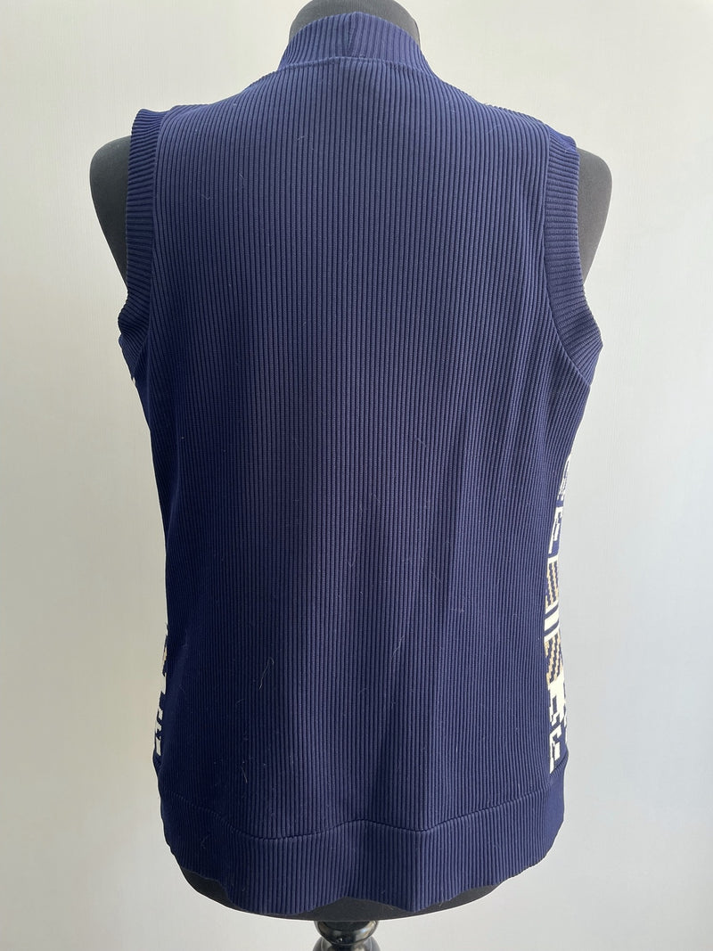 womens  white  waistcoat  vintage  Urban Village Vintage  urban village  sleeveless  patterned  open cardigan  made in england  light knitwear  light knit  knitwear  knitted  knit  elasticated  cardigan  blue  Alison Jane  70s  1970s  10