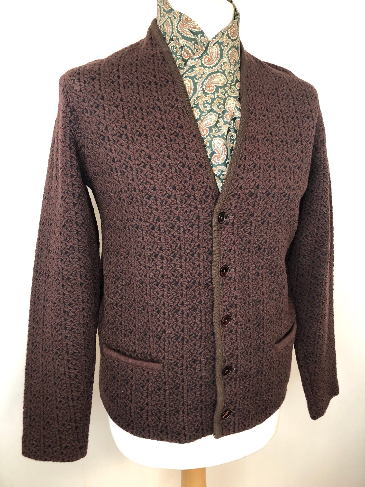 vintage  Urban Village Vintage  urban village  retro  MOD  mens  M  knitwear  knit  Jacket  cardigan  button down  button  brown  Adom of London  60s  1960s