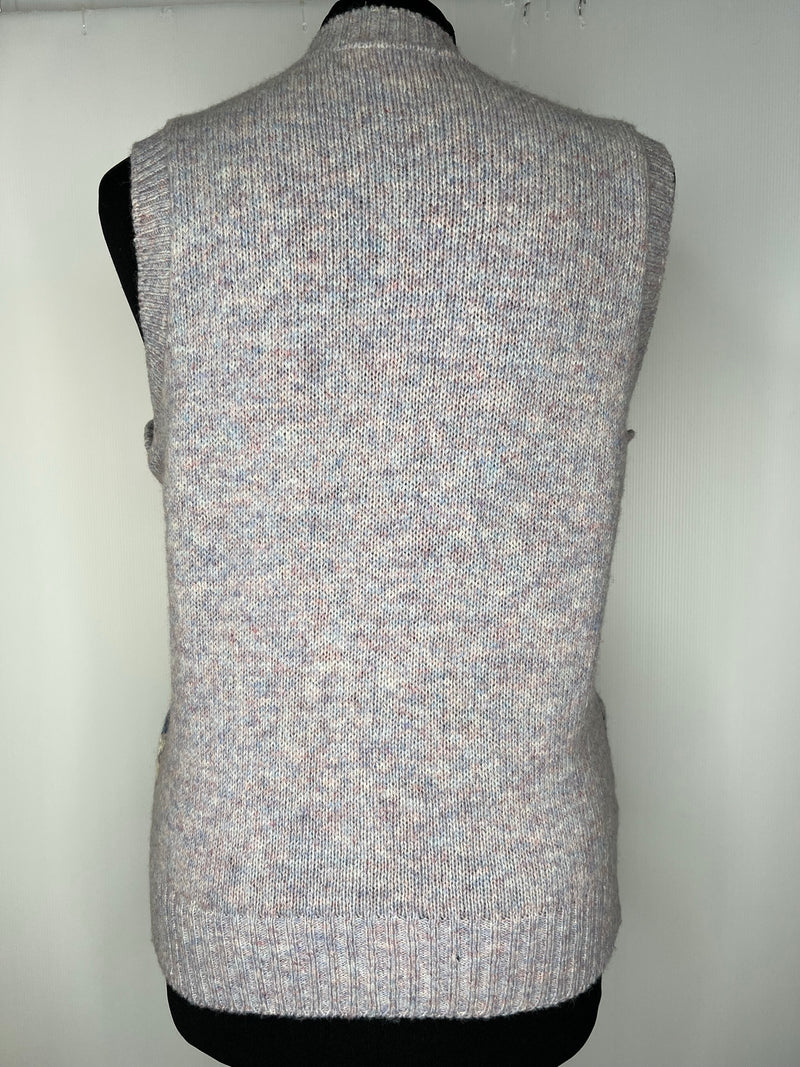 womens  waistcoat  vintage  Vest  tunic top  tunic  top  Tank Top  pure wool  pure new wool  Pitlochry knitwear  lilac  knitwear  knitted  Kintwear  diamond patterned  diamond pattern  cream  button front  Blue  70s  1970s  12  100% Wool