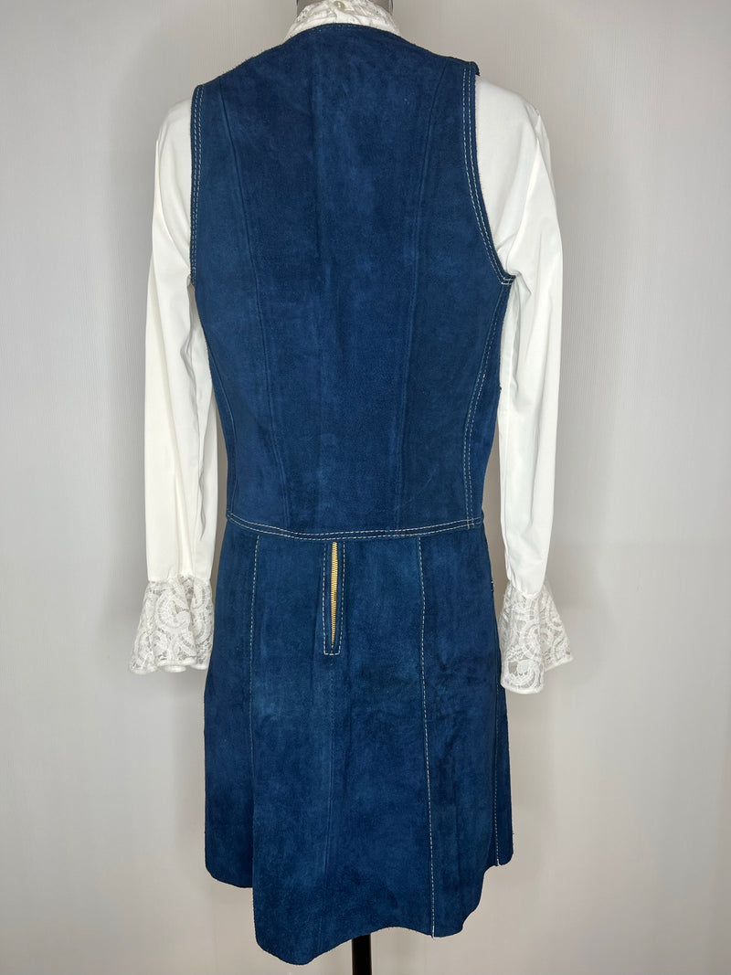zip  womens  waistcoat  vintage  Urban Village Vintage  urban village  two piece  suit  Suede Jacket  Suede  stitch detail  Skirts  set  matching set  knee length  Blue  8  70s  1970s