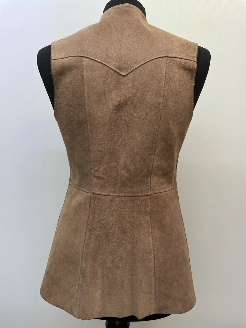 womens  waistcoat  vintage  Urban Village Vintage  urban village  Suede Jacket  Suede  stitch detailing  stitch detail  sleevless  sand  retro  red  press stud fastening  light brown  Leather  Jacket  faux suede  decorative pockets  decorative buttons  brown  8  70s  60s  1970s  1960s