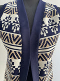 womens  white  waistcoat  vintage  Urban Village Vintage  urban village  sleeveless  patterned  open cardigan  made in england  light knitwear  light knit  knitwear  knitted  knit  elasticated  cardigan  blue  Alison Jane  70s  1970s  10