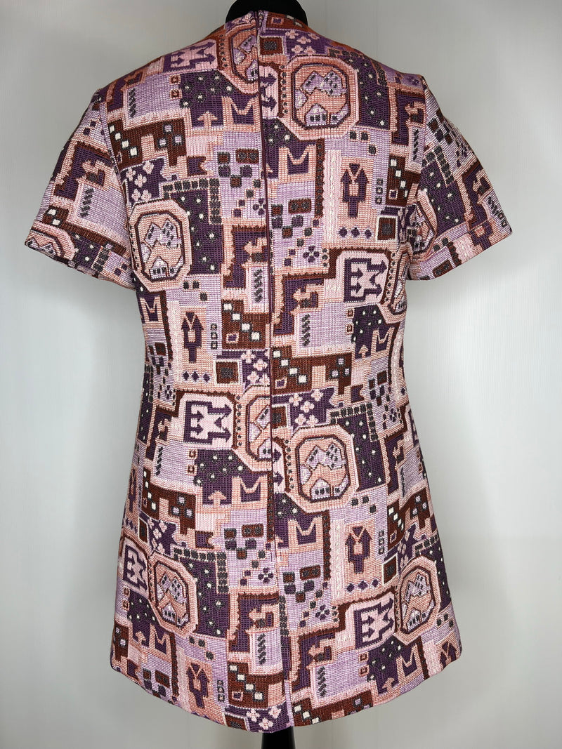 womens  vintage  tapestry design  tapestry  round neck  retro  purple  modette  mod dress  MOD  mini dress  mini  Fabiola dress  Erba  dress  decorative buttons  abstract print  a-line  60s  1960s  12