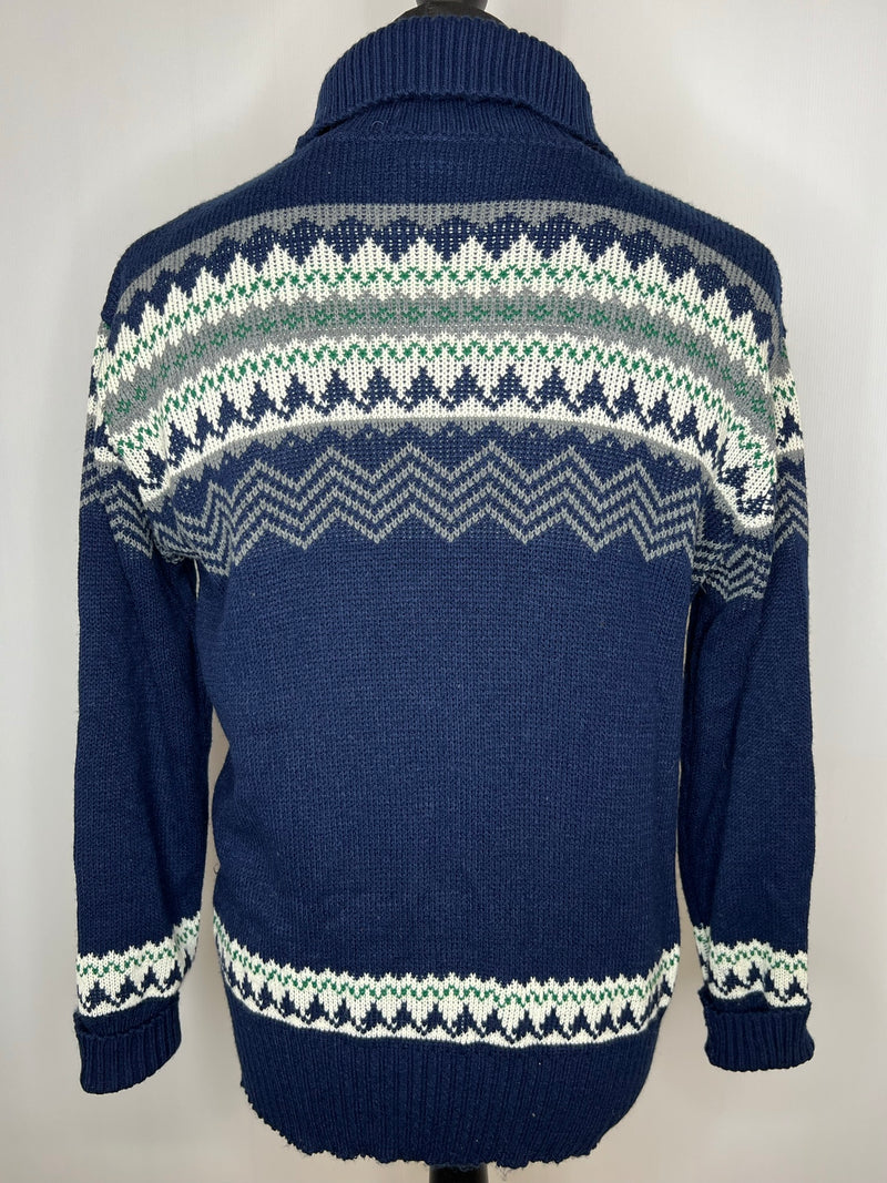 zip  vintage  Urban Village Vintage  urban village  prova  mens  long sleeve  L  knitwear  knitted  knit  Jacket  fair isle  collar  Blue  big collar  70s style  70s  1970s