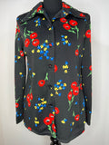 Vintage 1970s Dagger Collar Floral Poppy Print Blouse in Black - Size UK 14