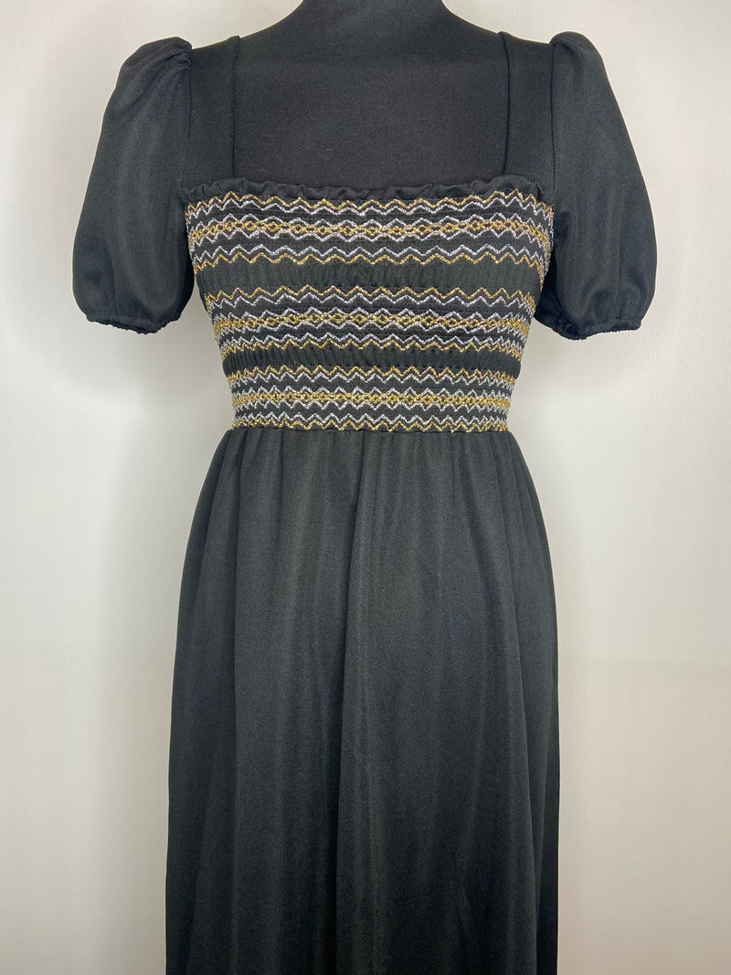 womens  vintage  urban village  silver  shirred  puff sleeves  party  maxi  gold  dress  disco  clothing  black  70s  6  4-6  4  1970s