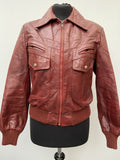 Vintage 1970s Leather Bomber Jacket with Fur Lining by Bermans in Burgundy - Size UK 10