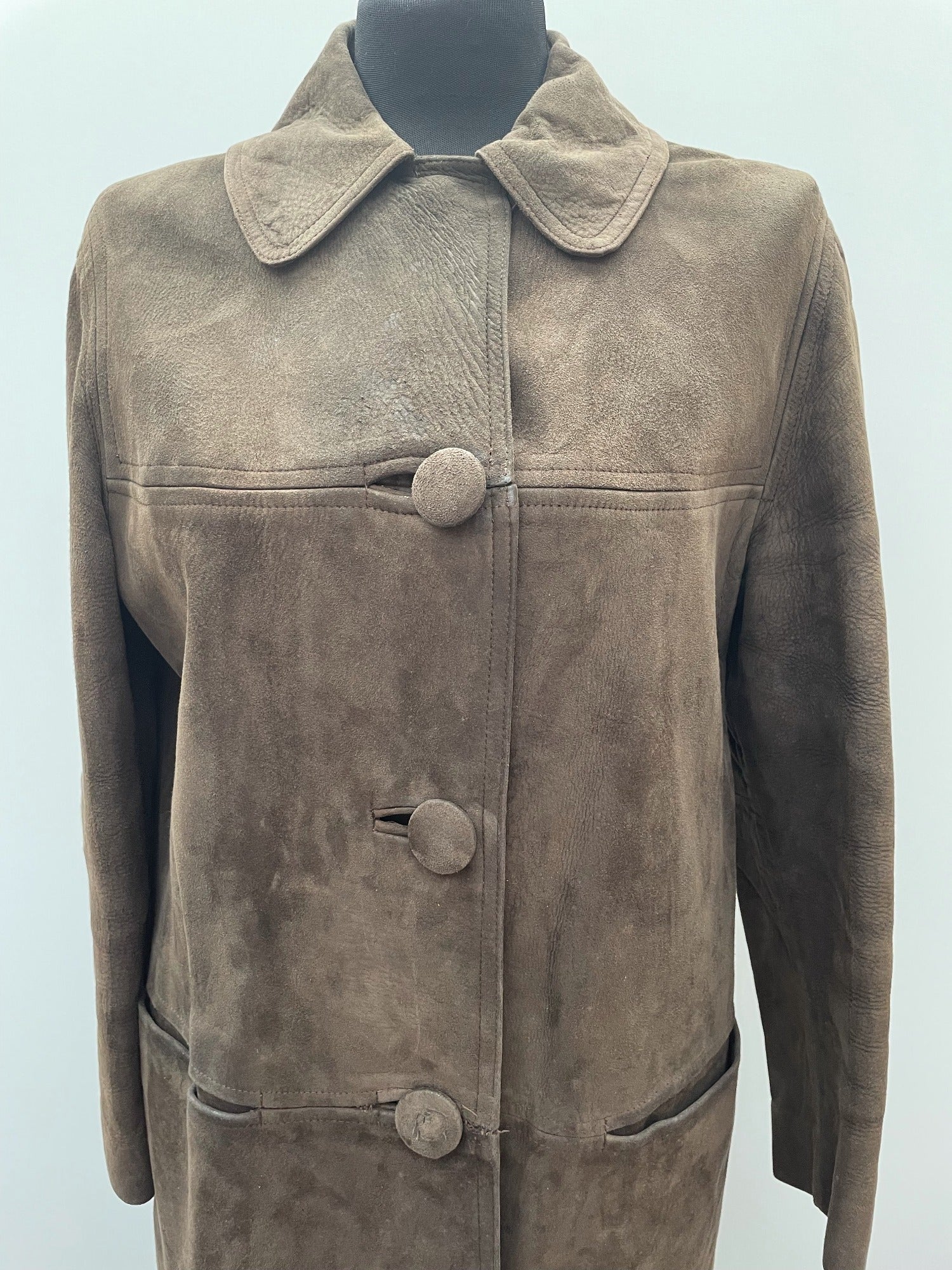 womens coat  womens  vintage  Suede Jacket  Suede  silk  retro  long sleeve  long length coat  lining  heatonex  dress  coat  button down  button  brown  70s  1970s  16