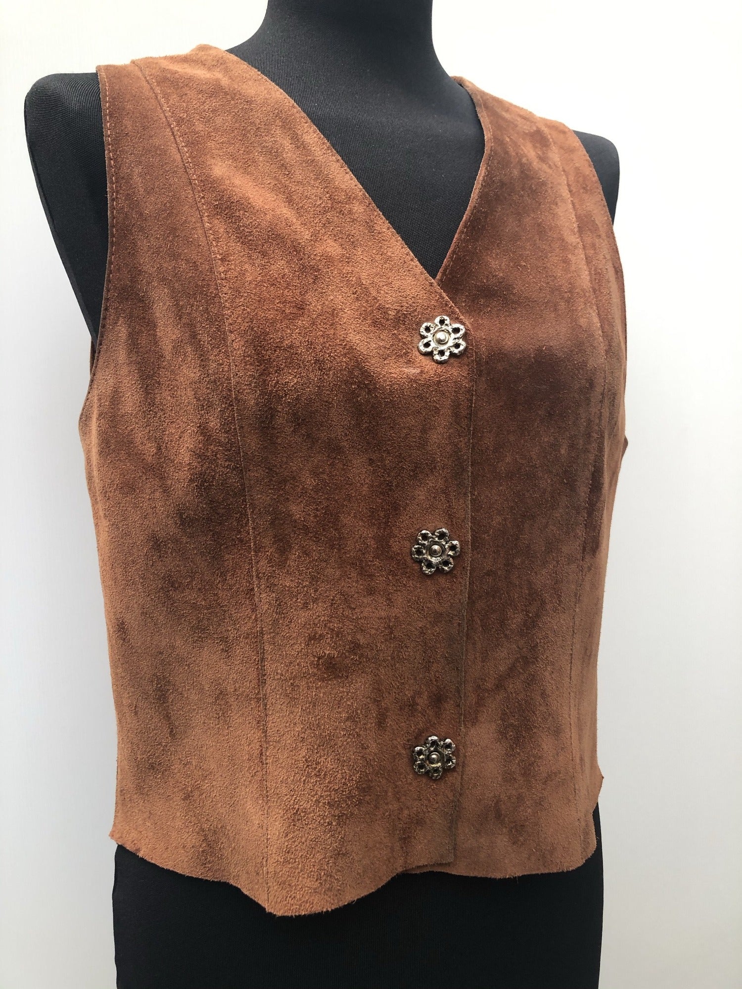 womens jacket  womens coat  womens  waistcoat  vintage  vest  Urban Village Vintage  summer  Suede Jacket  Suede  press stud fastening  Jacket  floral  decorative buttons  brown  70  60s  1970s  1960s  10