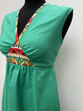 zip back  zip  womens  waist belt  vintage  Urban Village Vintage  urban village  midi dress  midi  high neck  Green  dress  belted dress  belted  belt  aztec print  aztec  8  70s  1970s
