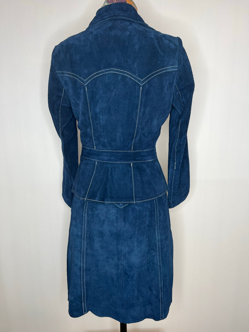 zip  womens jacket  womens  vintage  Urban Village Vintage  urban village  two piece  suit  Suede Jacket  Suede  stitch detail  Skirts  set  Rounded collar  matching set  knee length  Jacket  Blue  8  70s  1970s