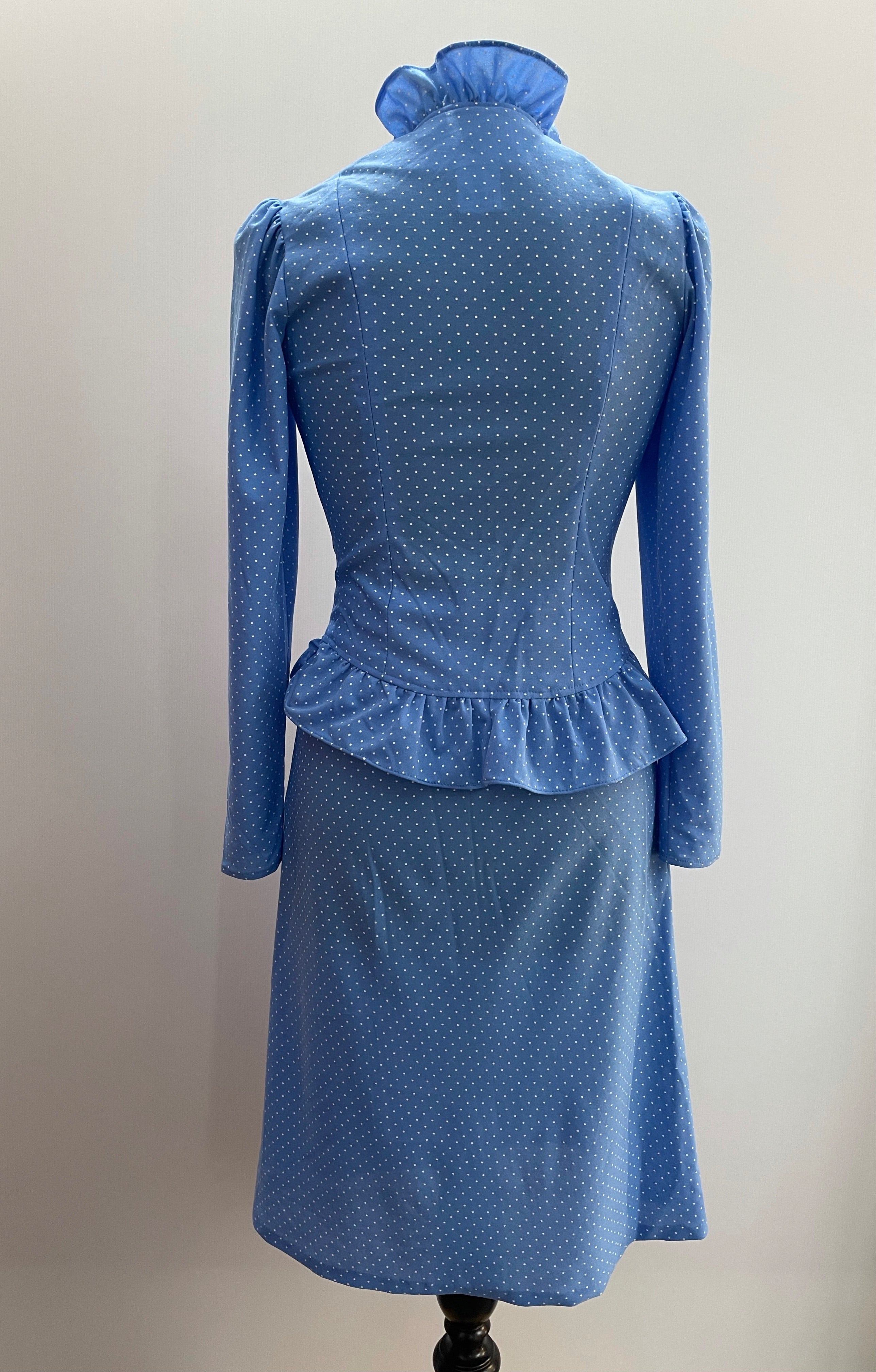 1970s Blue and White Polka Dot Two Piece Blouse and Skirt Set - Size UK 8