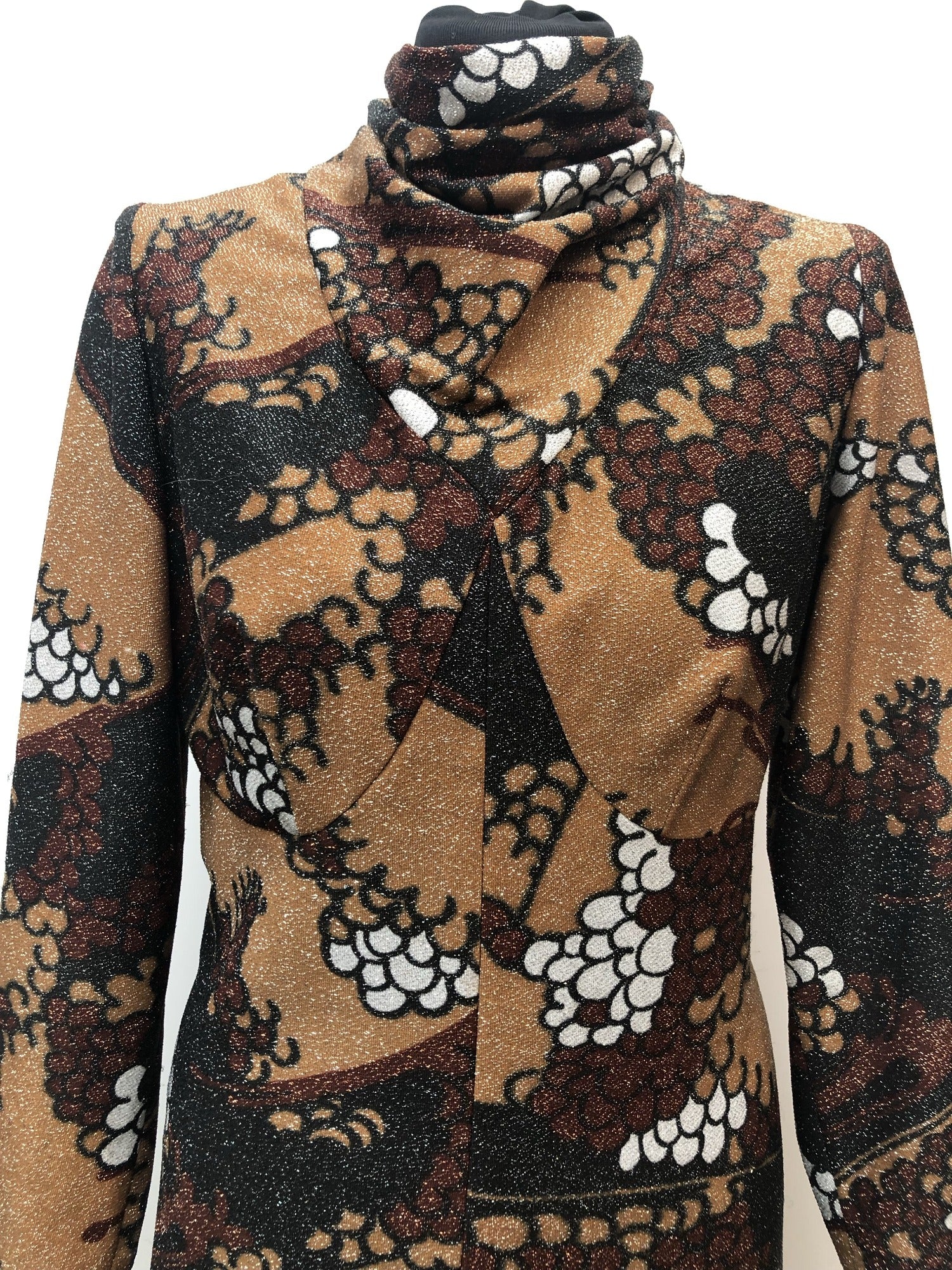 zip  womens  vintage  Urban Village Vintage  urban village  maxi dress  lurex  long length dress  glitter  floral dress  dress  brown  back zip  70s  1970s  14