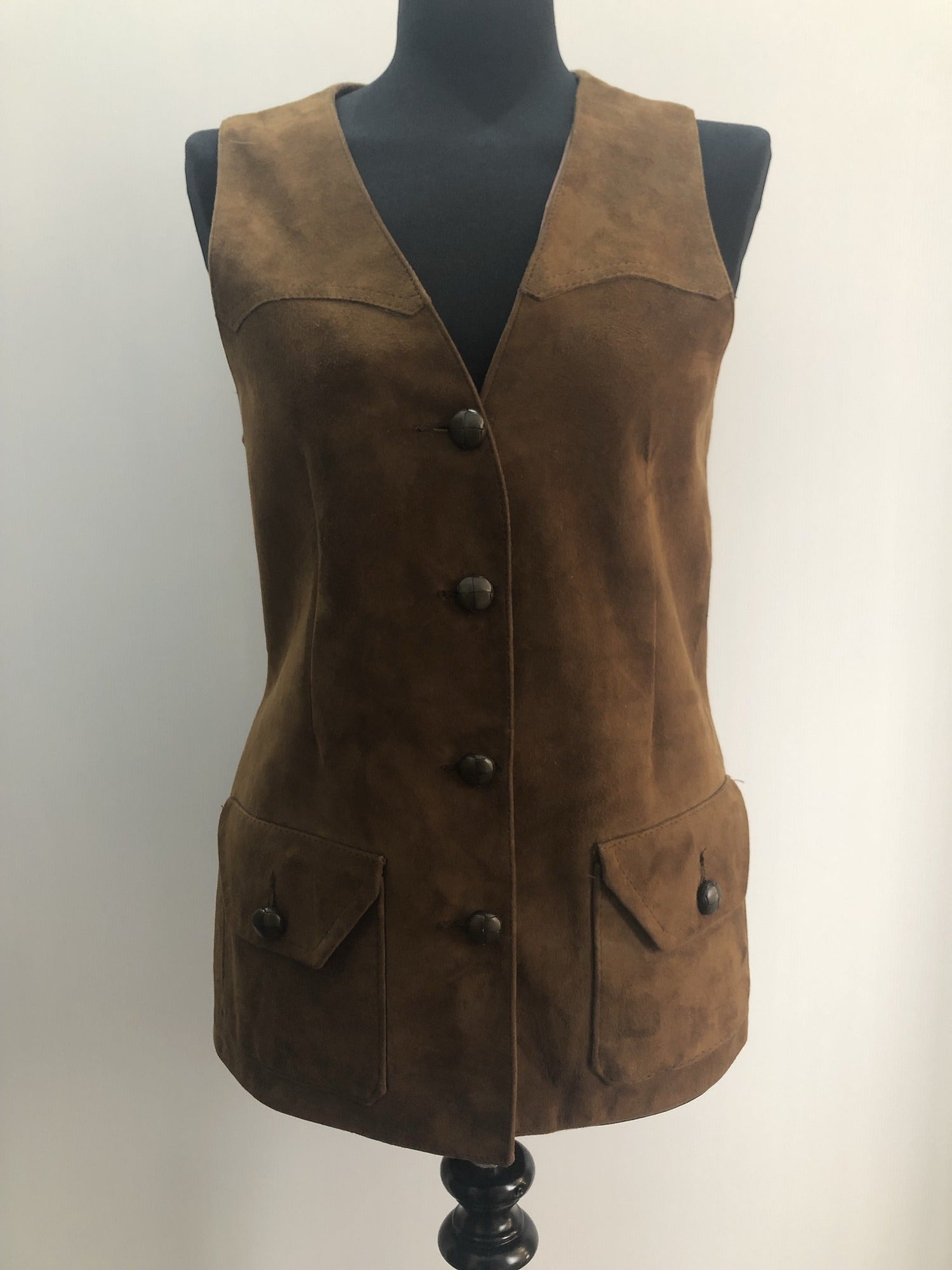 womens  waistcoat  vintage  Urban Village Vintage  urban village  stitch detailing  stitch detail  sleevless  polyester  pockets  lined  Leather Jacket  Leather  Jacket  Glenhusky of Scotland  fully lined  button  brown  70s  1970s  12