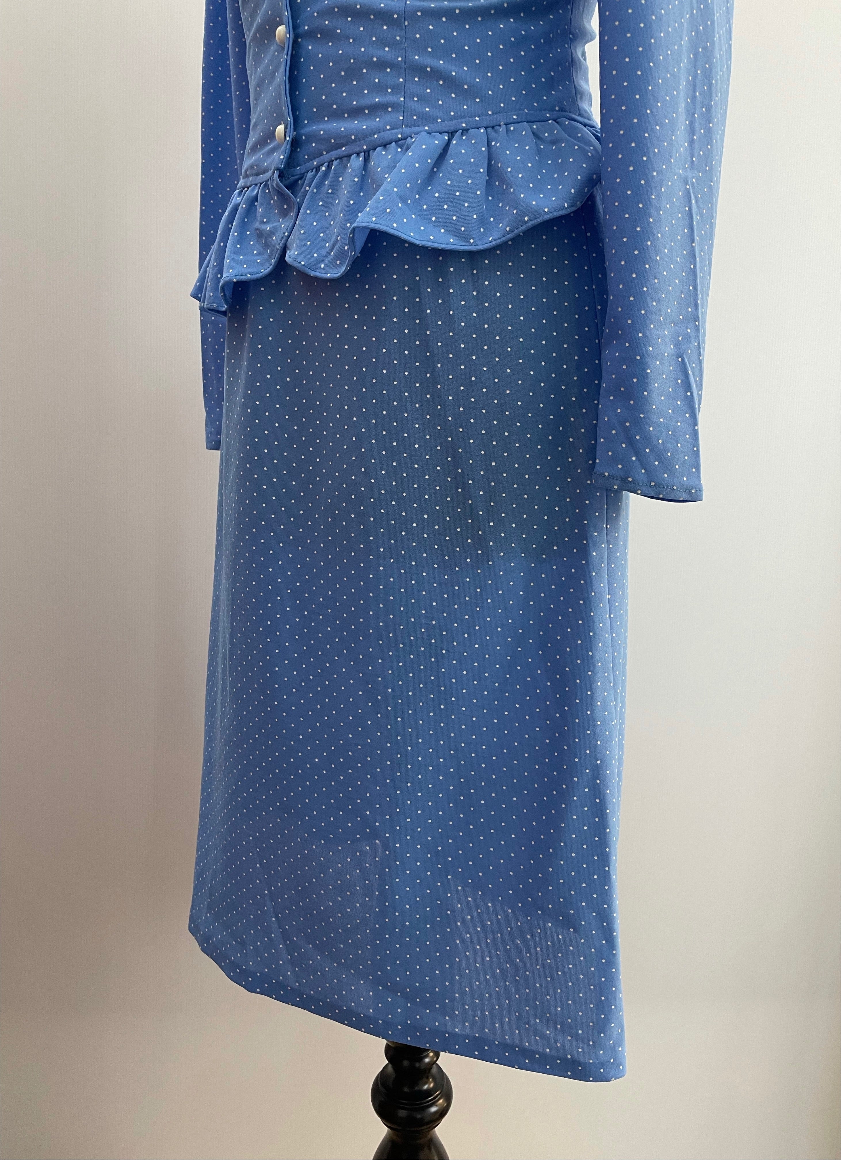 1970s Blue and White Polka Dot Two Piece Blouse and Skirt Set - Size UK 8