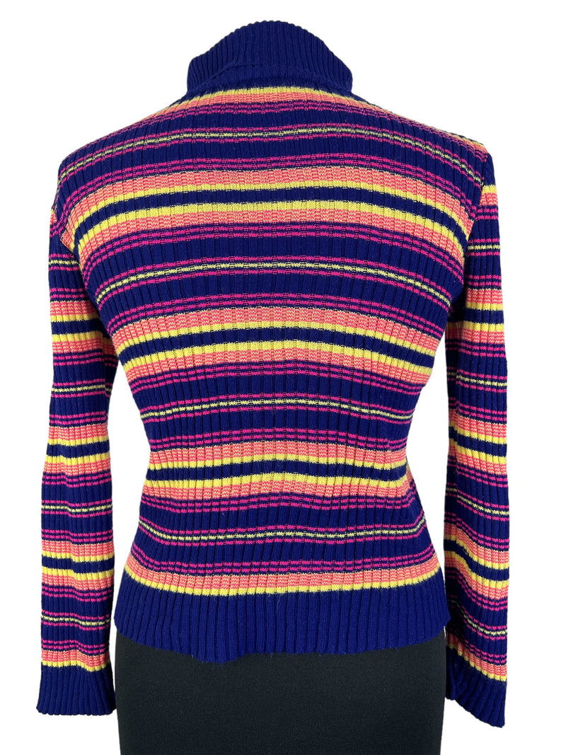 womens  vintage  Urban Village Vintage  urban village  sweater  stripey  Stripes  striped  stripe detail  stripe  ribbed  retro  pullover  polo neck  polo jumper  Noppen Tweed  multicoloured  multi  knitted  knit  jumper  Blue  70s  70  1970s  12