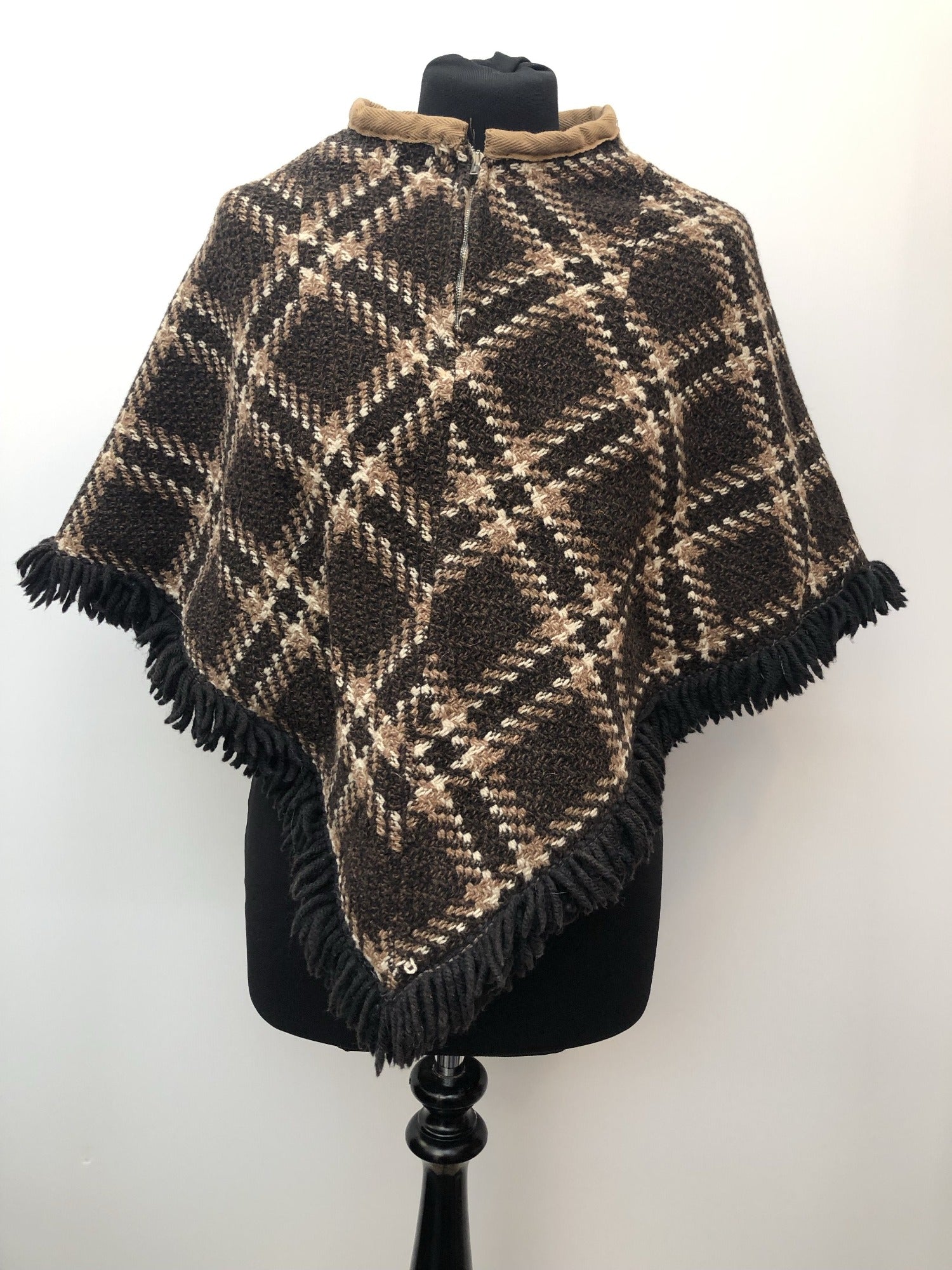 vintage  Urban Village Vintage  tassle  tartan  poncho  fringed  fringe  check  cape  brown  60s  1960s  10