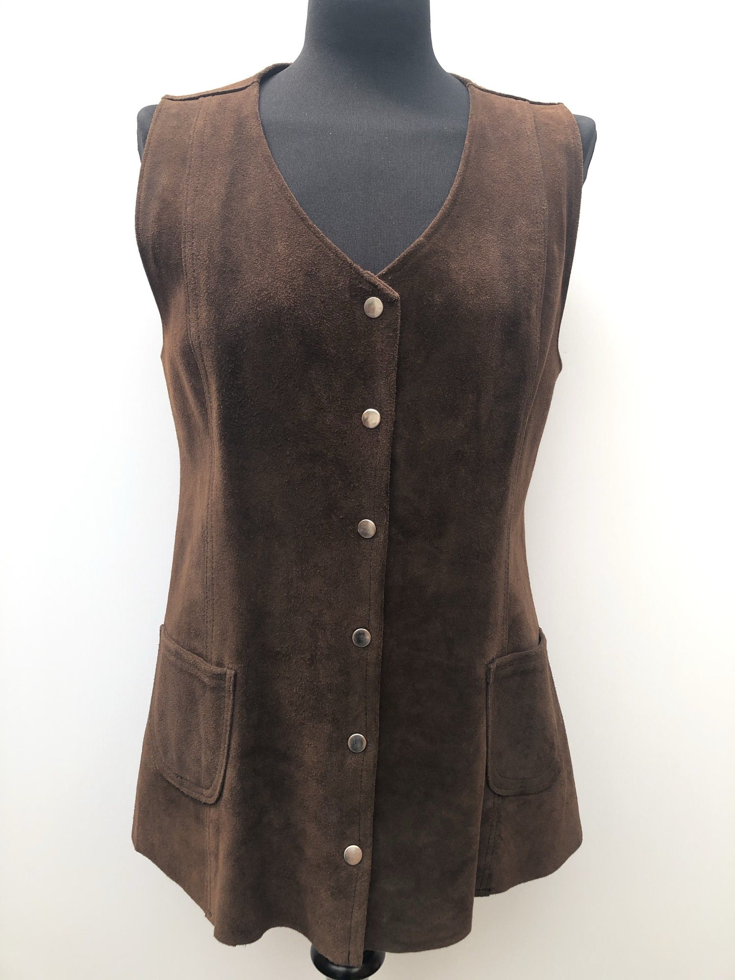 womens jacket  womens coat  womens  waistcoat  vintage  vest  Urban Village Vintage  summer  Suede Jacket  Suede  scalloped  press stud fastening  Jacket  decorative buttons  dark brown  brown  70  60s  1970s  1960s  12