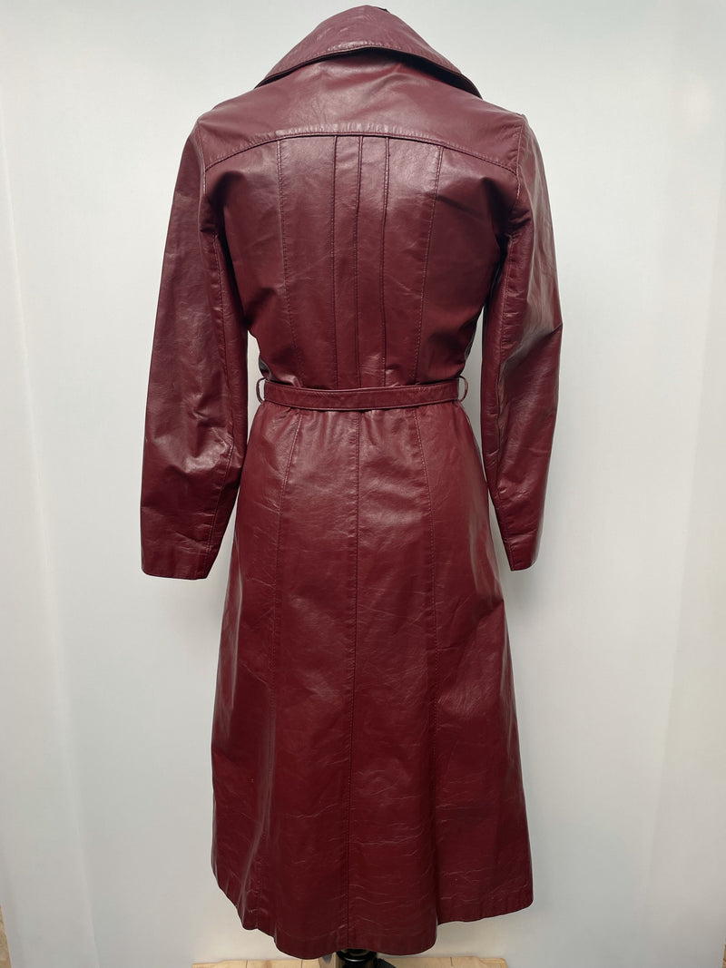 womens  vintage  Urban Village Vintage  urban village  retro  pockets  long sleeve  Leather Jacket  Leather detailing  Leather Coat  Leather  lapels  Jacket  button down  burgundy  belted jacket  belted  70s  1970s  10