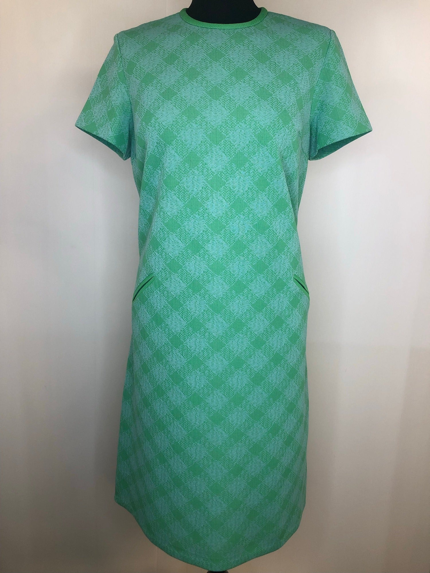 womens  vintage  Urban Village Vintage  sleevless  retro  pockets  MOD  knee length  green  dress  check print  check  blue  back zip  60s  1960s  12