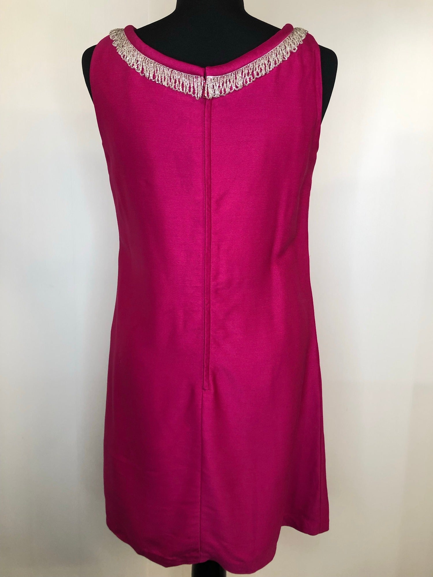 10  womens  vintage  stitch detailing  stitch detail  sleevless  silver beading  retro  polyester  pockets  pink  Montigo Bay  MOD  midi dress  midi  dress  beaded neckline  back zip  60s  1960s