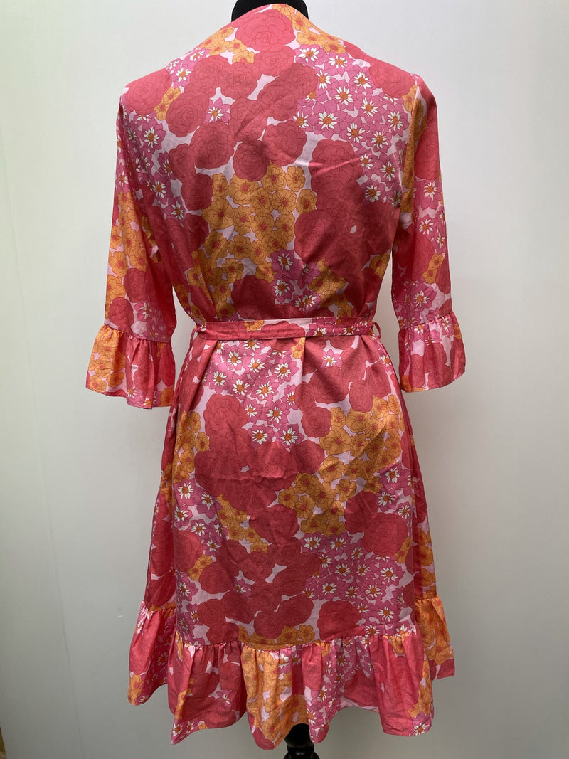 womens  waist belt  vintage  Urban Village Vintage  urban village  orange  midi dress  midi  long sleeve  high neck  half sleeve  frilly  frill sleeve  frill detail  floral print  floral dress  floral  dress  button front  Belted waist  belted dress  belted  belt  60s  1960s  12