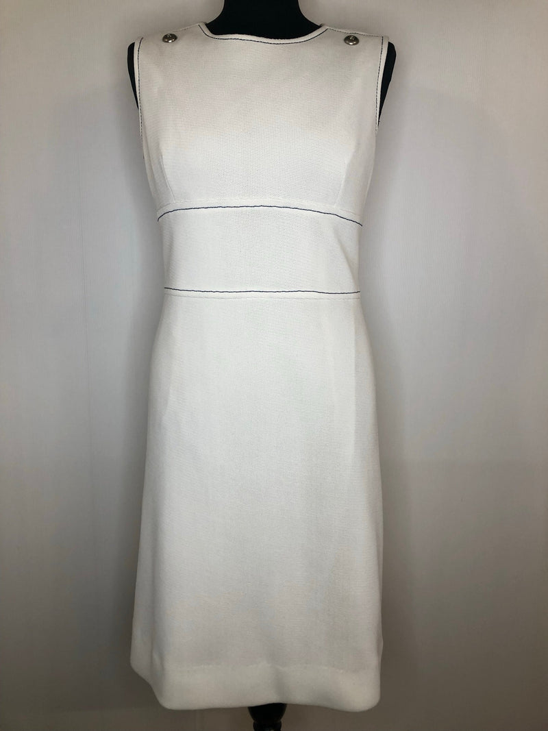 womens  white  vintage  Urban Village Vintage  urban village  MOD  knee length dress  knee length  dress  decorative buttons  blue stitch  back zip  12