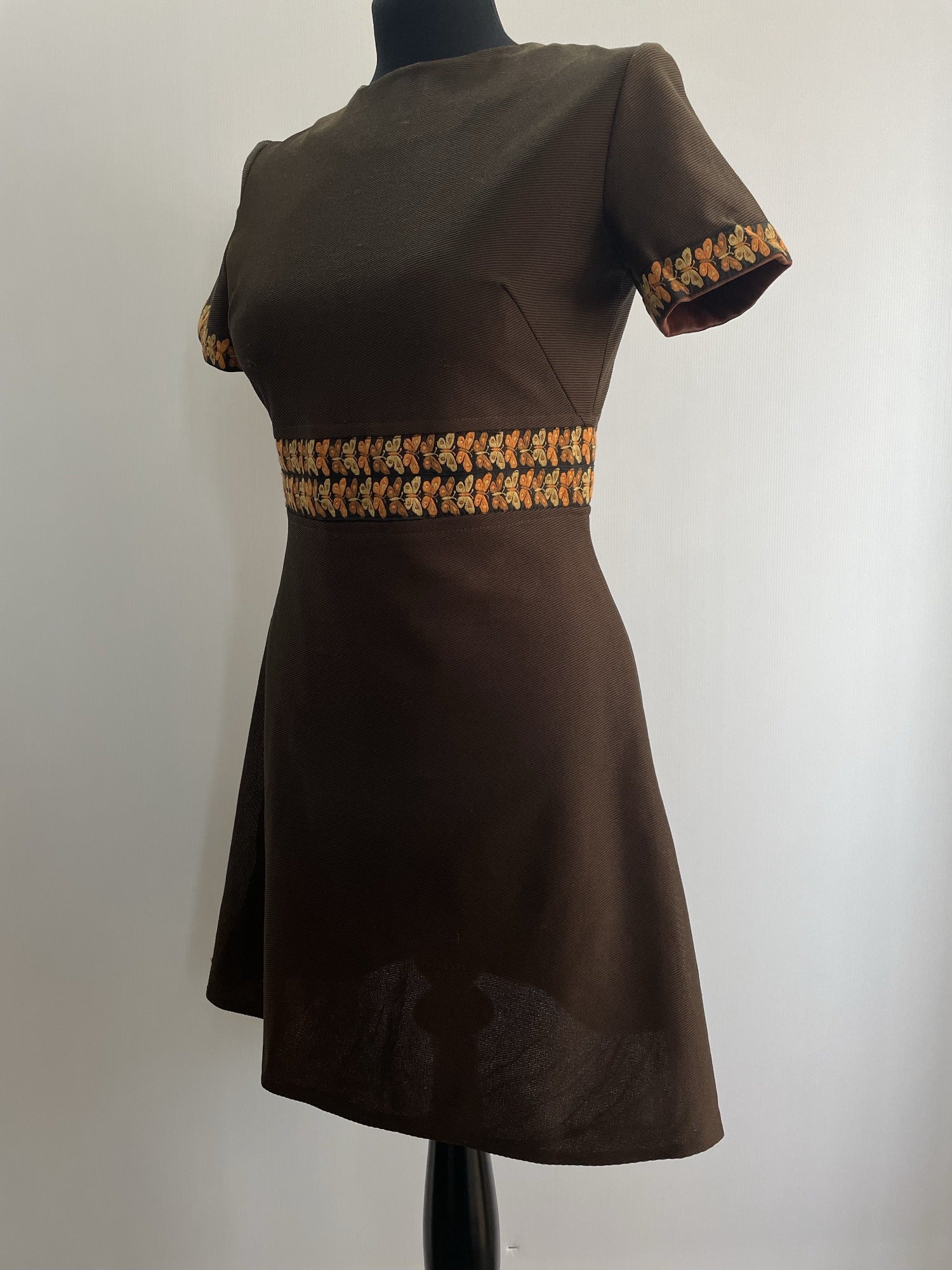zip back  womens  vintage  Urban Village Vintage  short dress  scooter dress  scooter  modette  MOD  mini dress  micro mini  embroidery  dress  dolly dress  dolly  butterfly  brown  A-line  8  60s  1960s