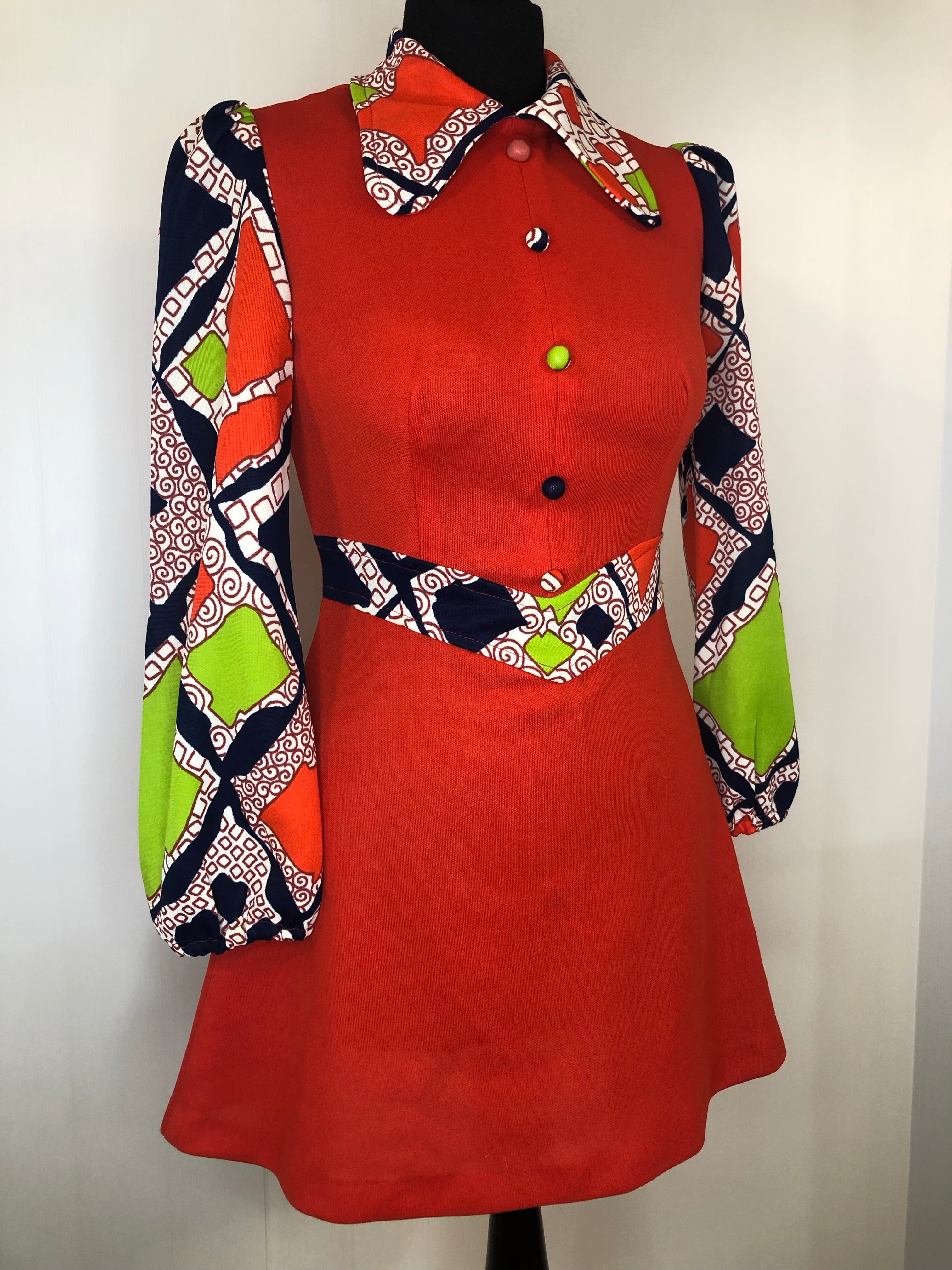 1960s Balloon Sleeve Mini Dress - Size UK 8
