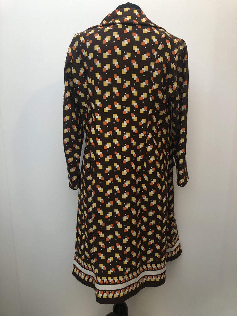 womens  vintage  Urban Village Vintage  square print  midi dress  midi  long sleeved  Elegant Lady  dress  collar  brown  70s  70  1970s  16