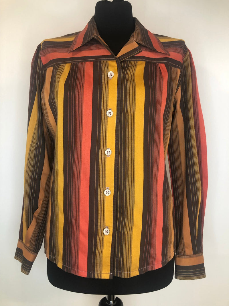 yellow  womens  vintage  top  stripes  red  multi  dagger collar  dagger  brown  blouse  70s  1970s  12