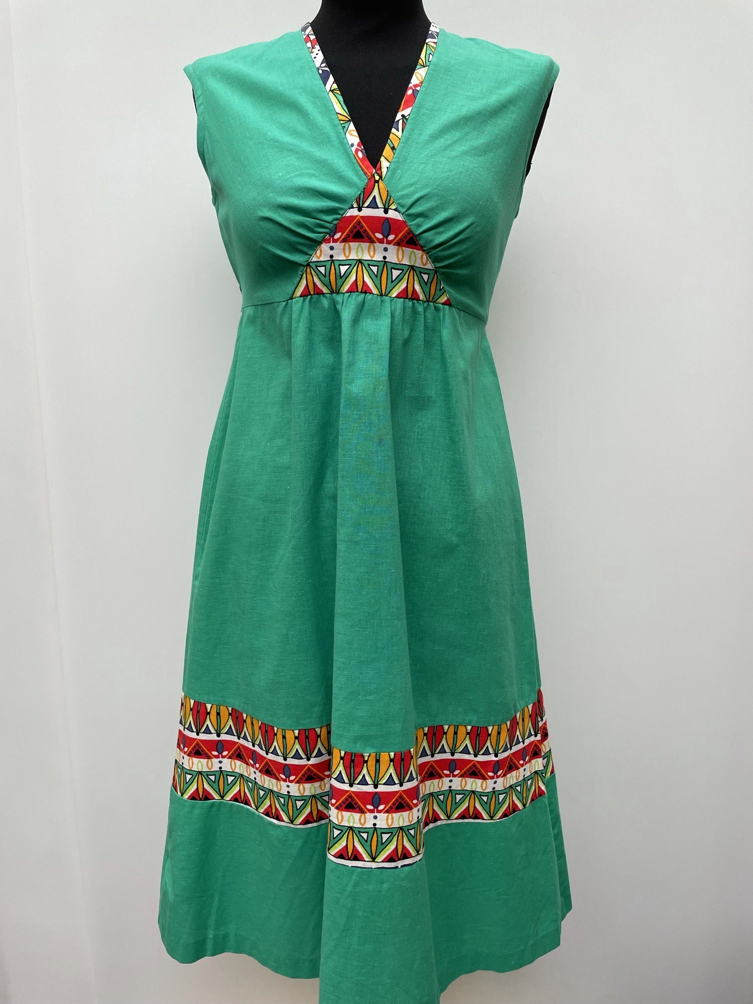 zip back  zip  womens  waist belt  vintage  Urban Village Vintage  urban village  midi dress  midi  high neck  Green  dress  belted dress  belted  belt  aztec print  aztec  8  70s  1970s