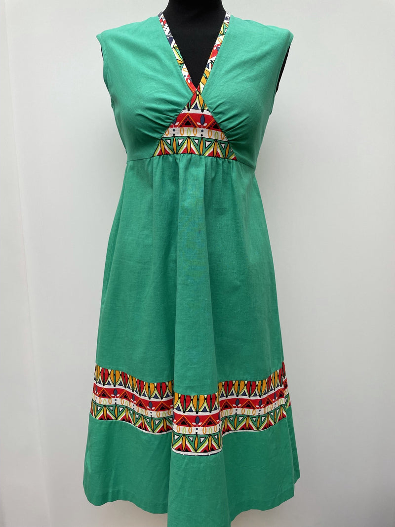zip back  zip  womens  waist belt  vintage  Urban Village Vintage  urban village  midi dress  midi  high neck  Green  dress  belted dress  belted  belt  aztec print  aztec  8  70s  1970s
