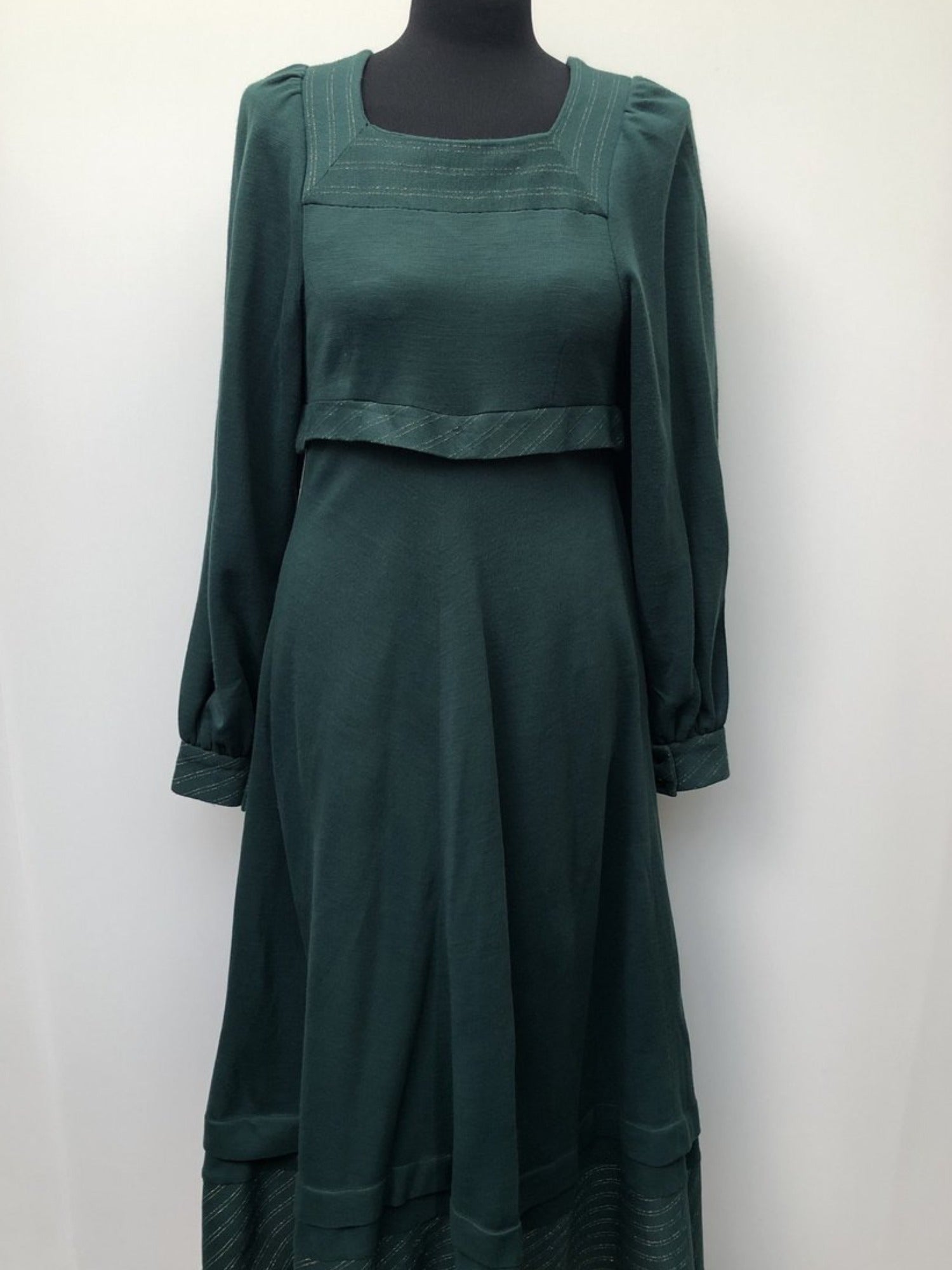 womens  vintage  Urban Village Vintage  urban village  summer dress  metallic stitch  maxi dress  long dress  green  gold stitch  dress  balloon sleeves  balloon sleeve  70s  70  1970s  10